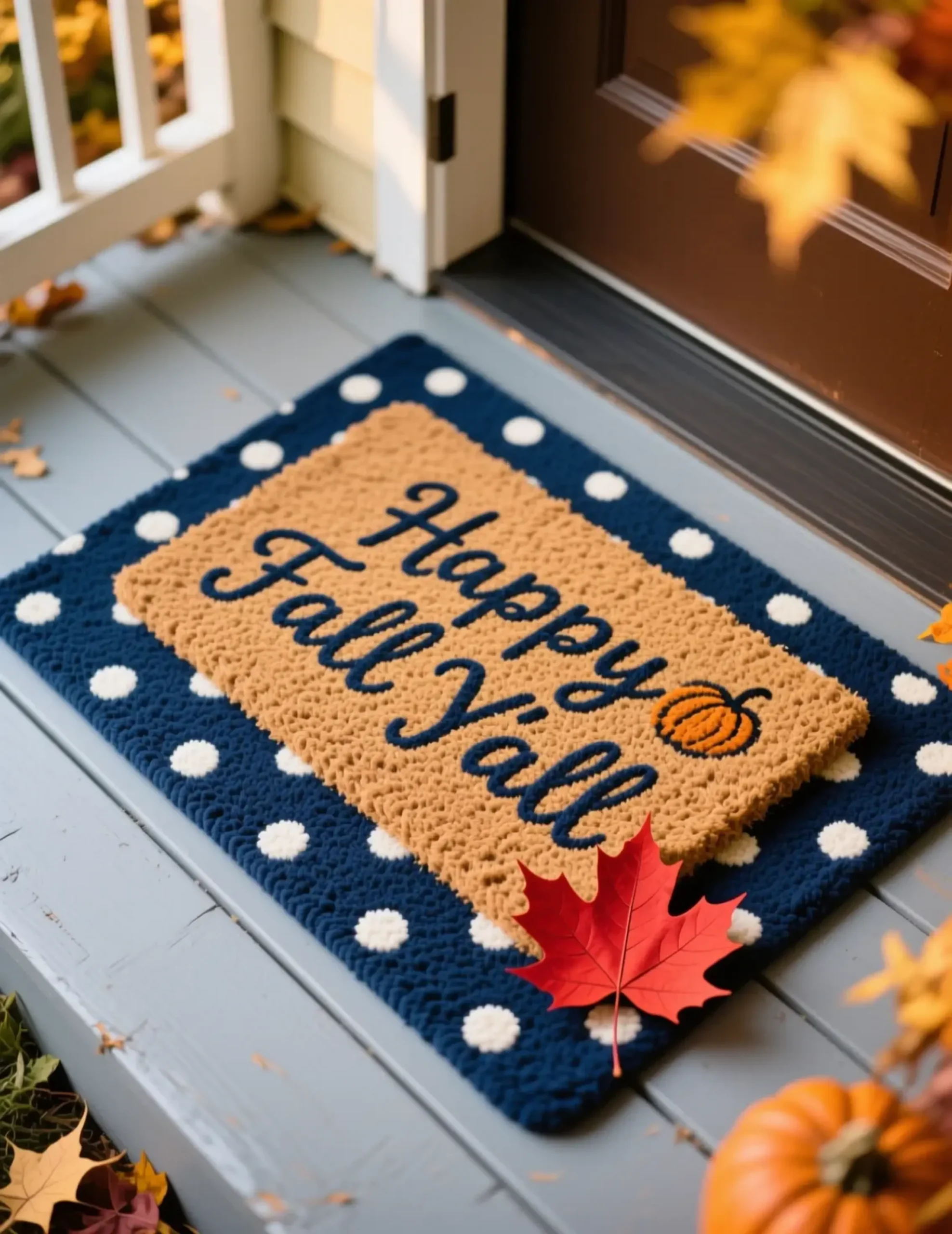 Coir white mat happy 8221 dots 8220 rug phrase fall with a layered p small featuring the y fun all 8217 is in image font navy blue playful 5 polka