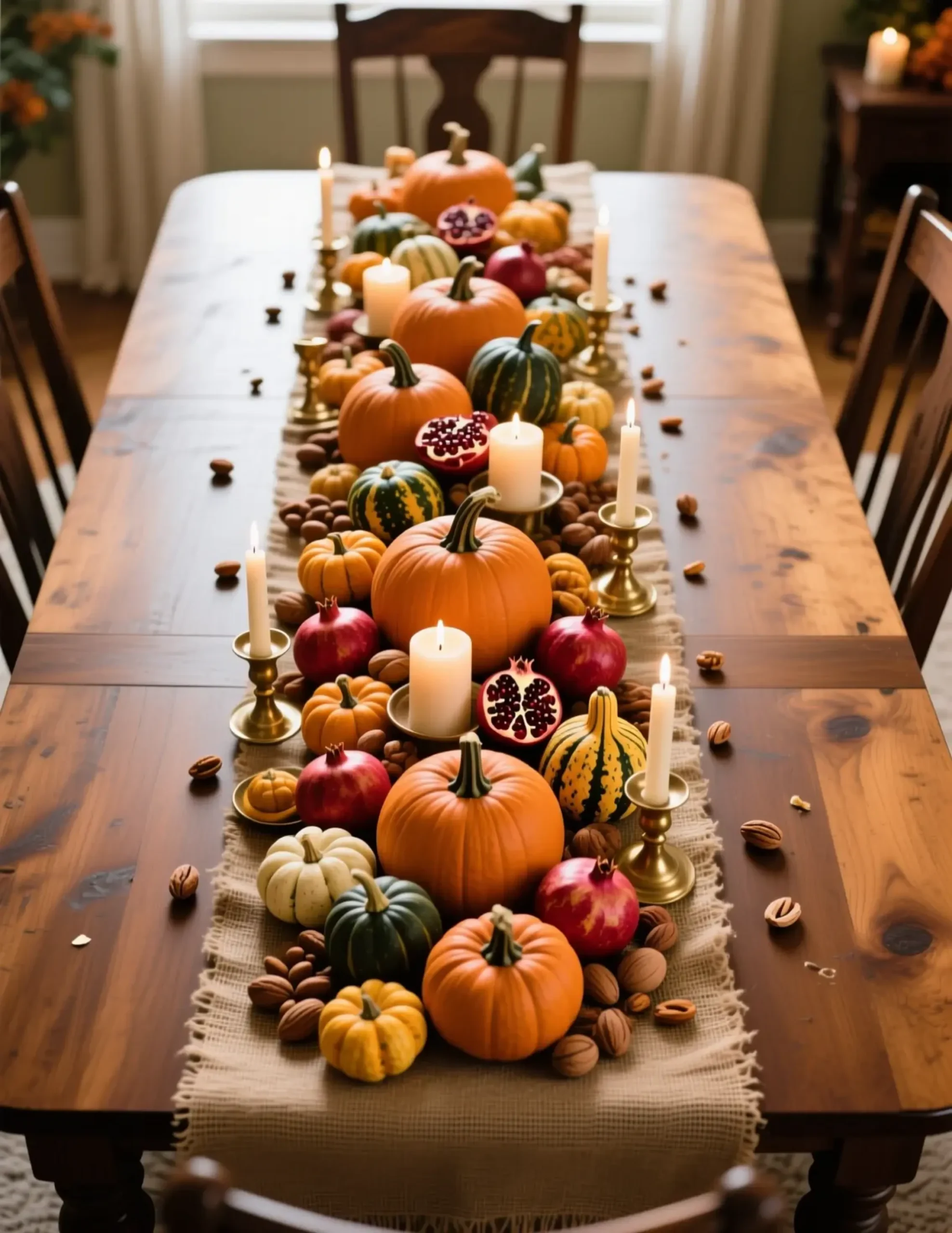 Arrangement platters dense food center with burlap wide a sides overflowing of p the gourds and candles pumpkins are down clear image pomegranates for runner nuts ready 5 table