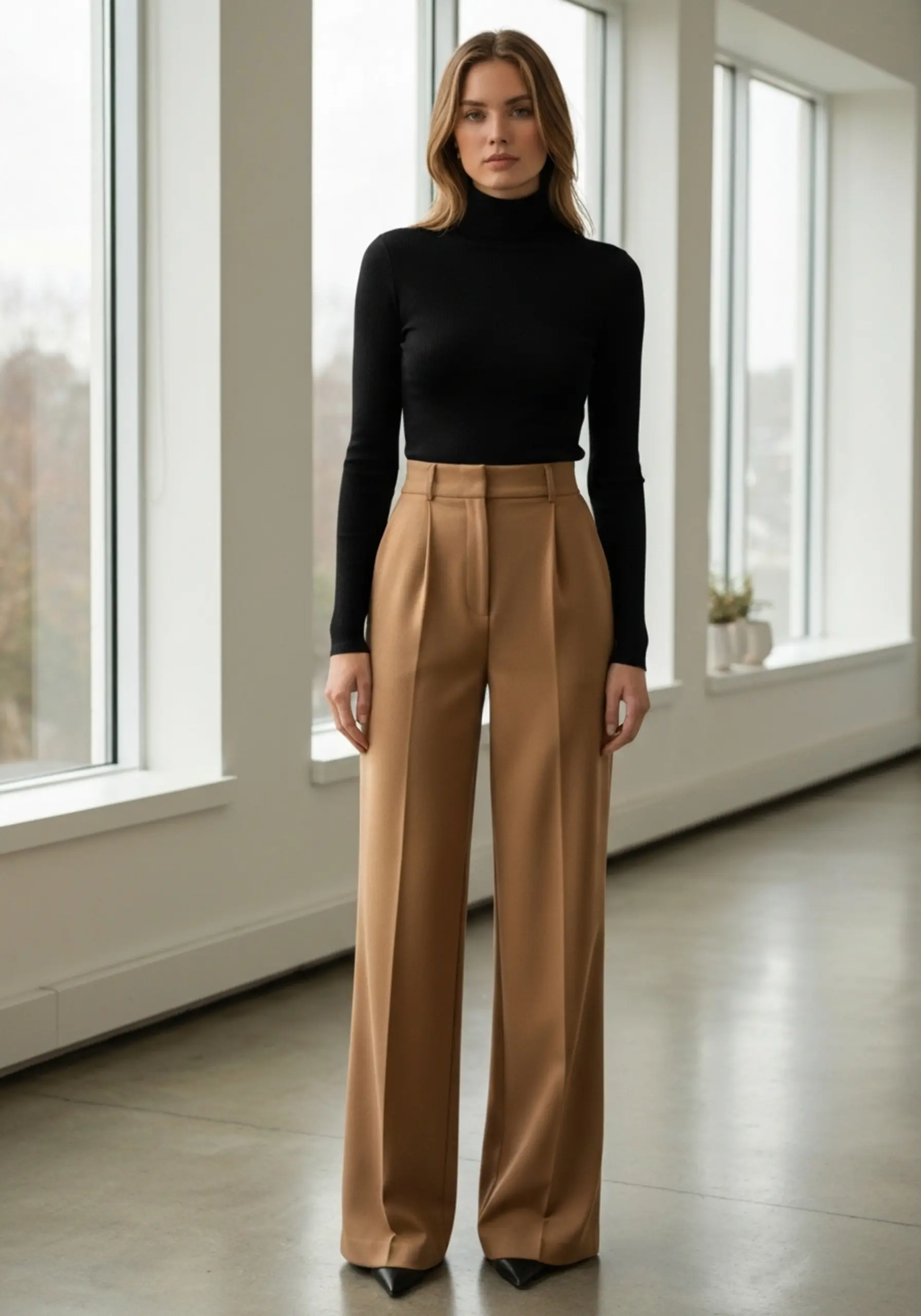 "15 'Casual Chic' Thanksgiving Outfit Ideas (When You're a Guest)" 5 Leg full black looking minimalist trousers waisted a wide of p length turtleneck shot and camel in person high image fitted 5 elegant