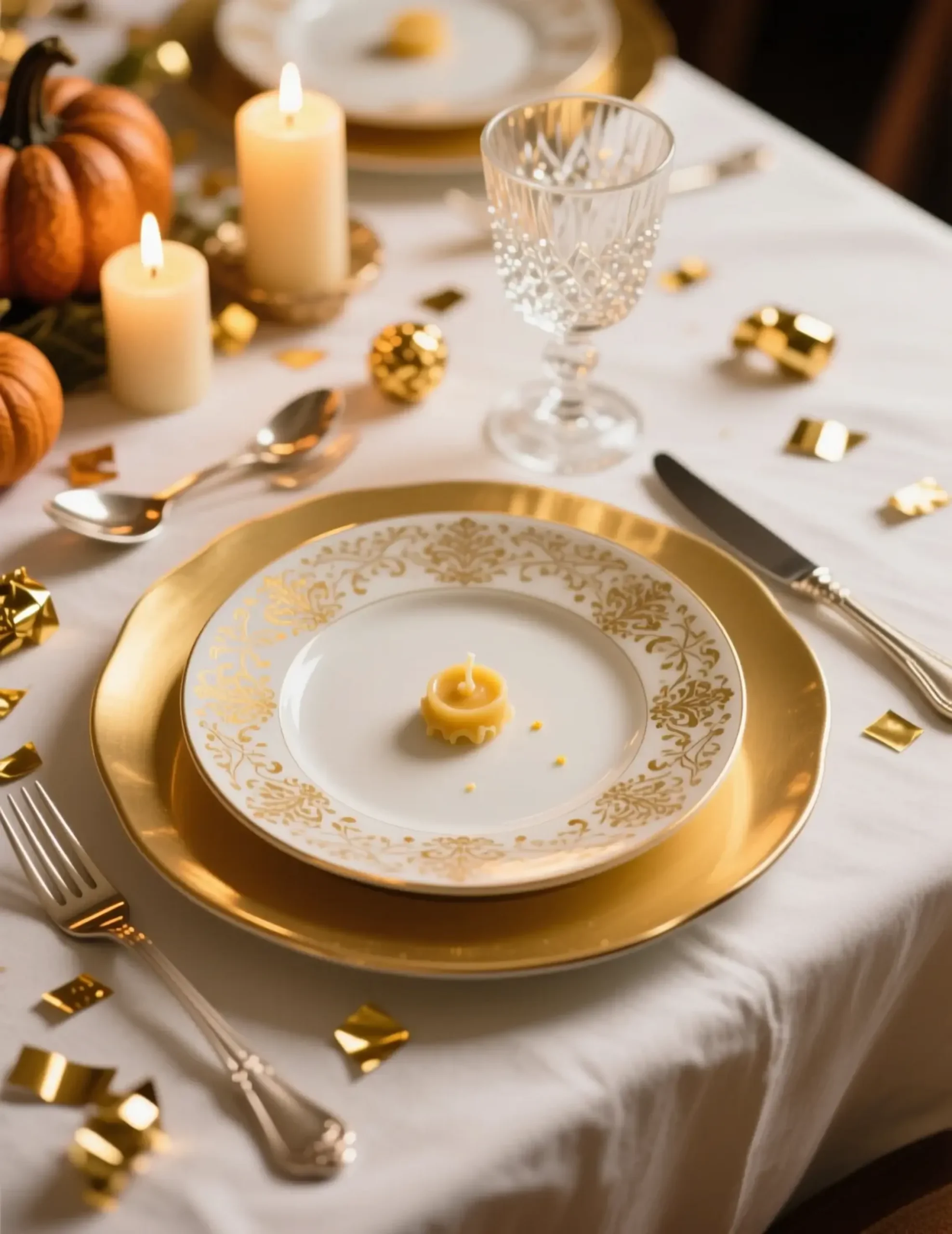 White flatware sparkle formal glasses polished delicate with a of under layered p tablecloth featuring the gold and silver china candles crystal crisp image fine dining chargers pattern taper light 5 table