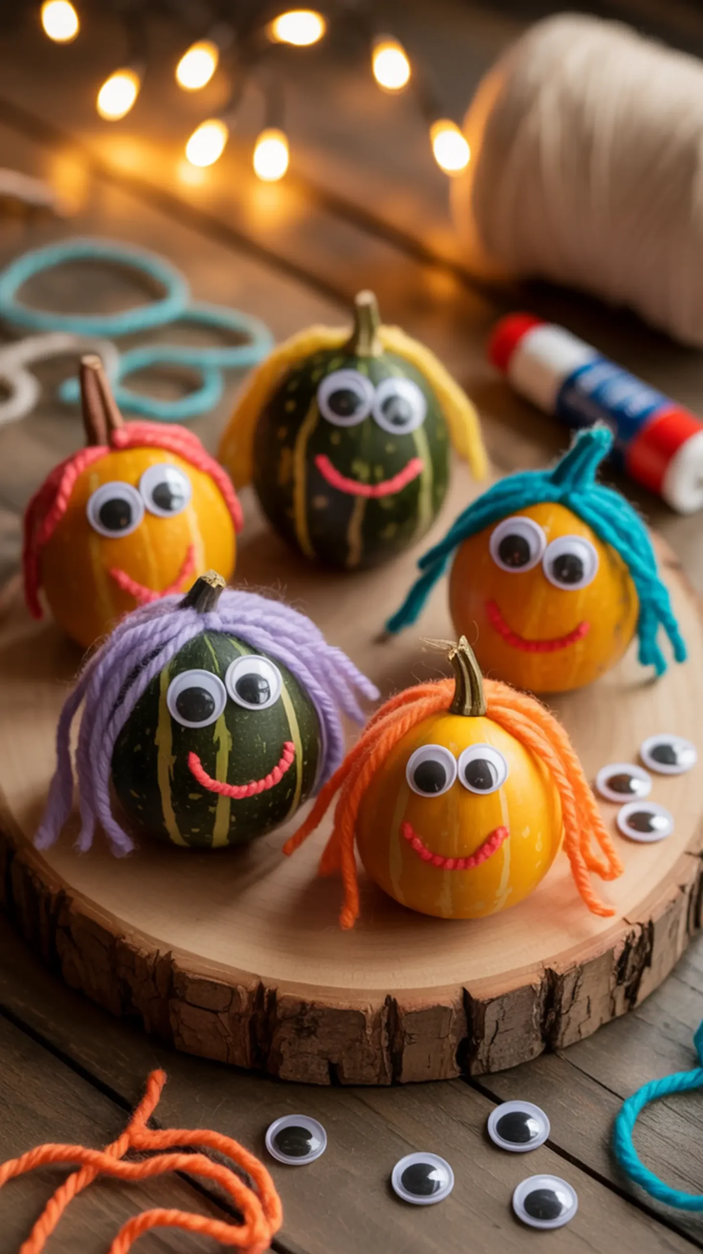 "7 Adorable DIY Thanksgiving Place Card Ideas Kids Can Make" 5 Board collection eyes expressions people with different on a yarn of decorated googly p arranged all mini and quirky gourd colorful four hair image rustic wooden 5