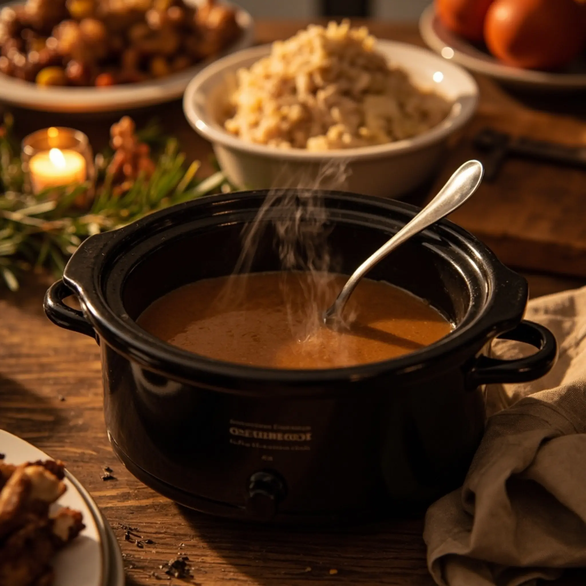 Ladle on a with gravy rising sleek 5 crockpot gently p small steam inside buffet table image