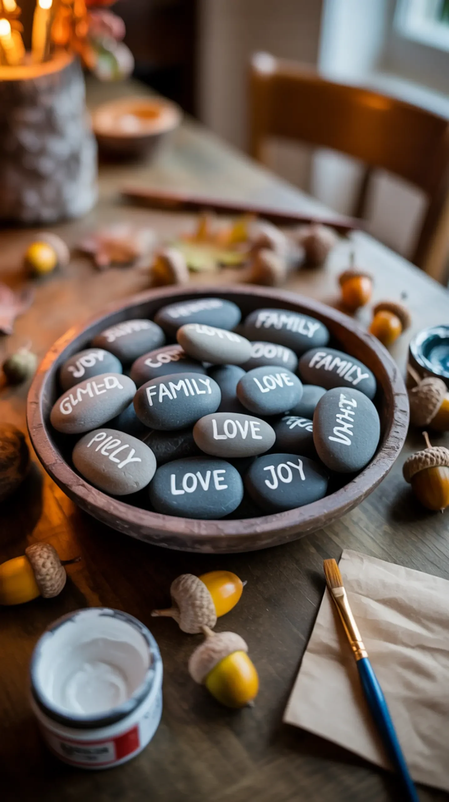 "5 Easy DIY Thanksgiving Centerpieces Your Kids Can Help With" 5 Play 8221 8220 by with handful like word family gray a smooth of each p or single love stones beautiful acorns image filled shallow bowl wooden 5 surrounded painted