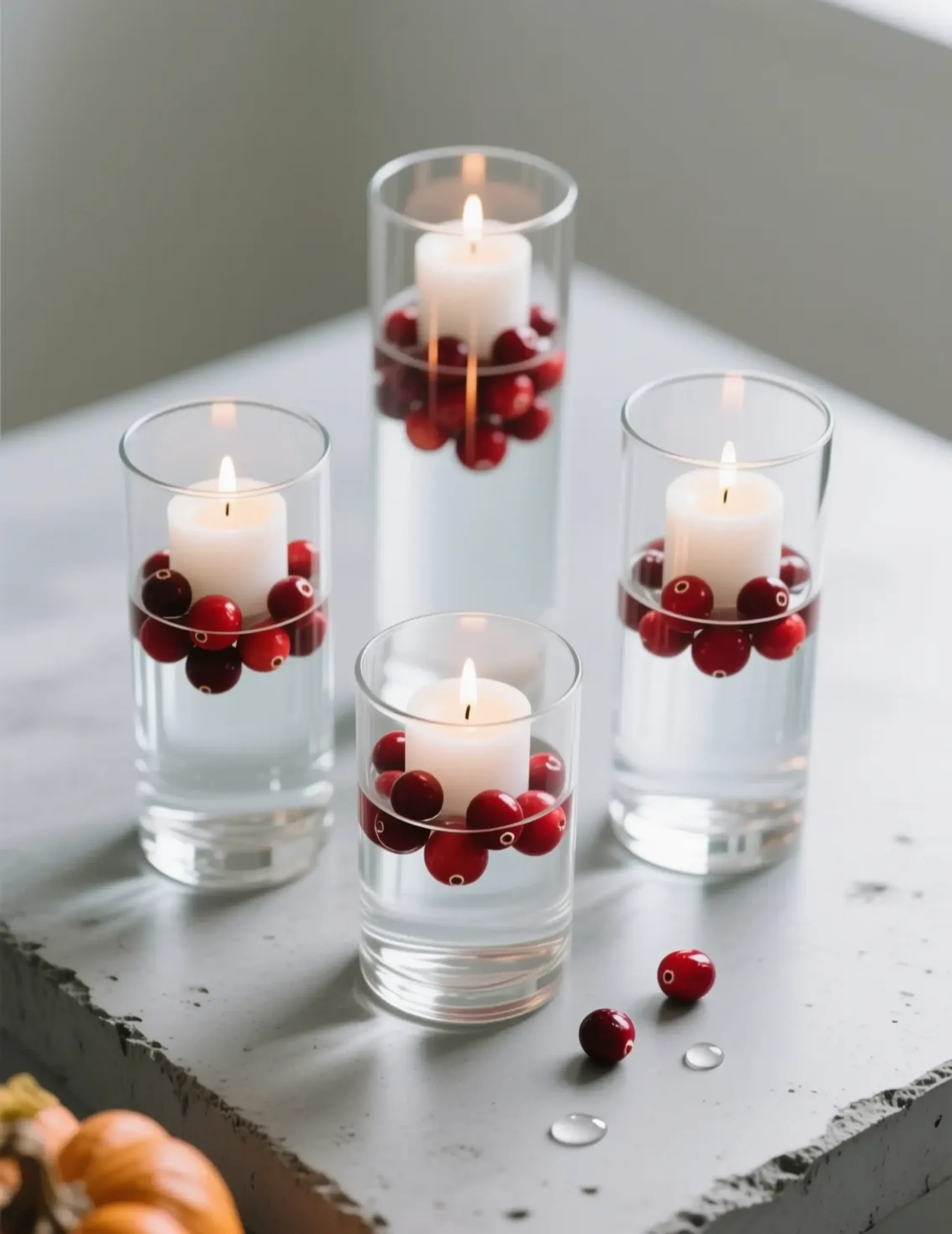 Cranberries water with different a of floating p single heights glass and vases clear image filled candle 5 lit three