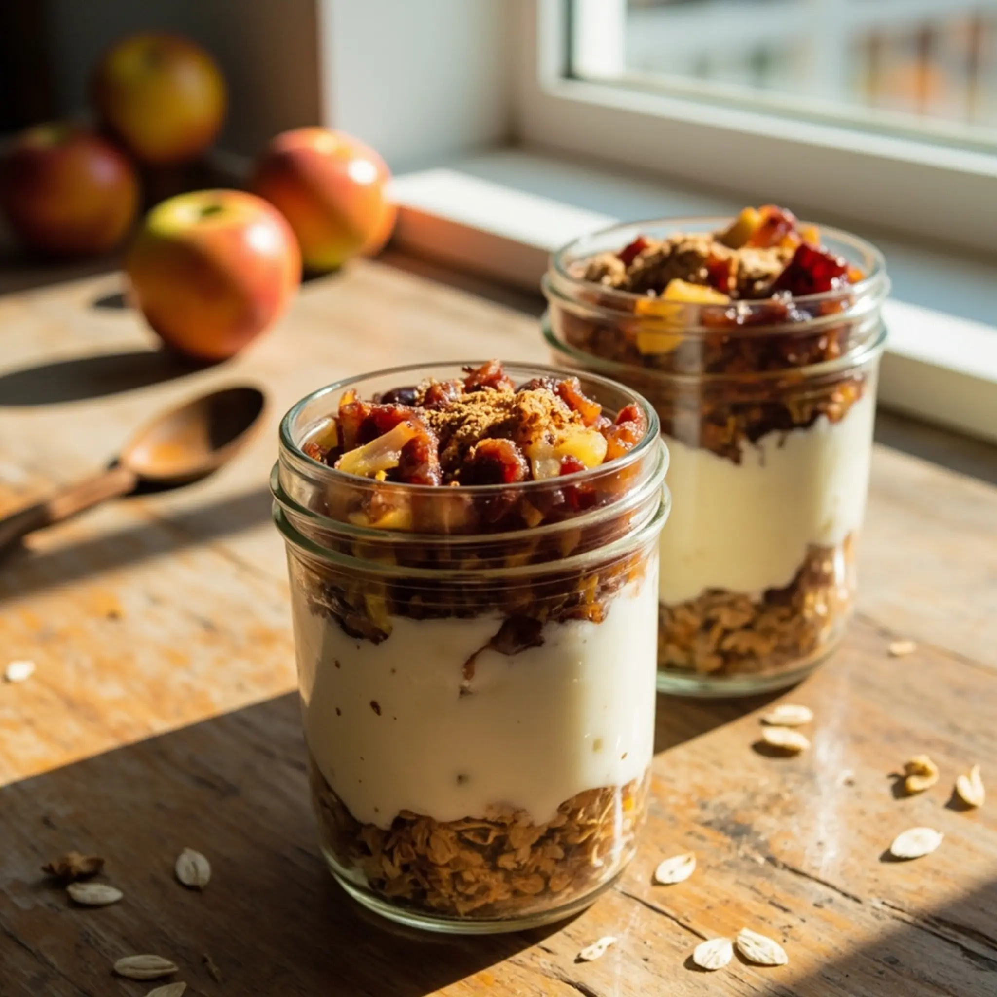 Layers parfait with a of background neat p sprinkle the shot glass morning topped in image filled two cinnamon light 5 jars