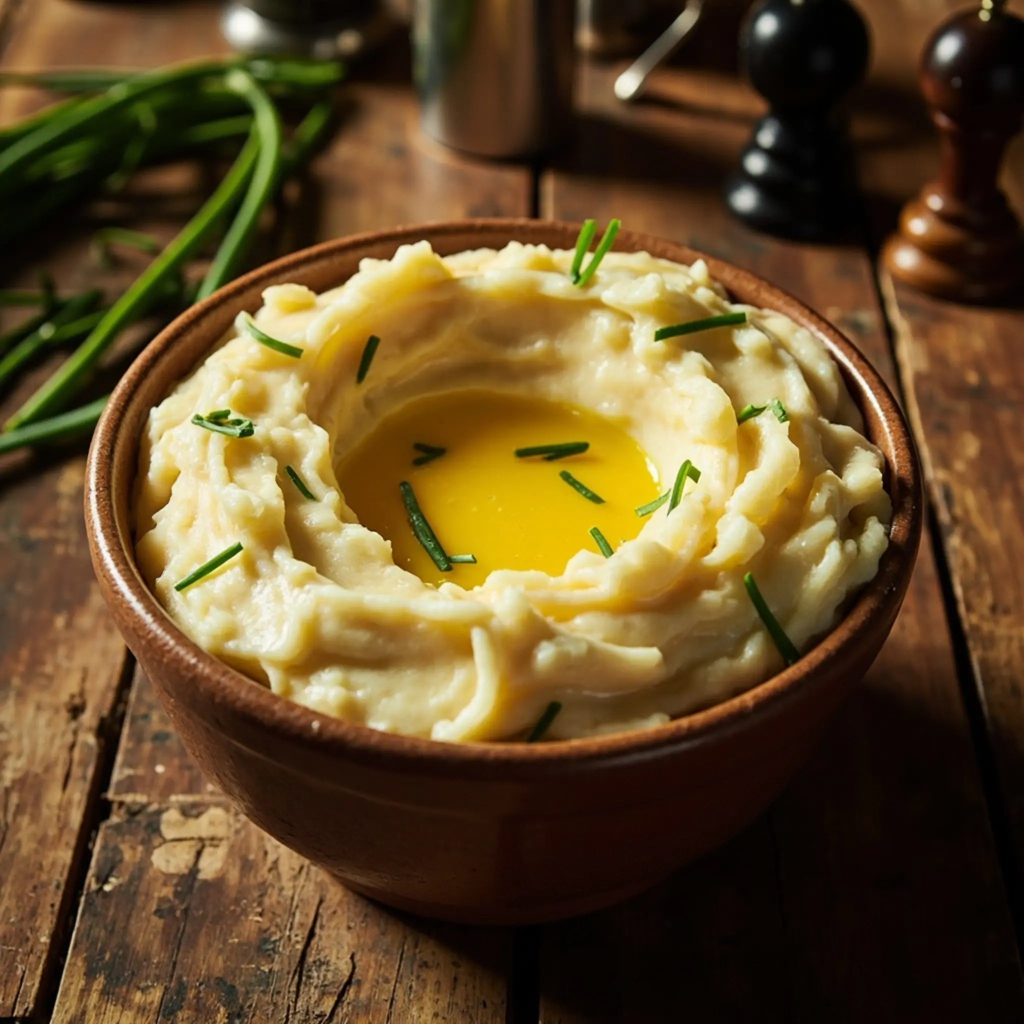 Mashed melted chives center pool with freshly a of p potatoes butter the fluffy in image large bowl chopped 6 garnished