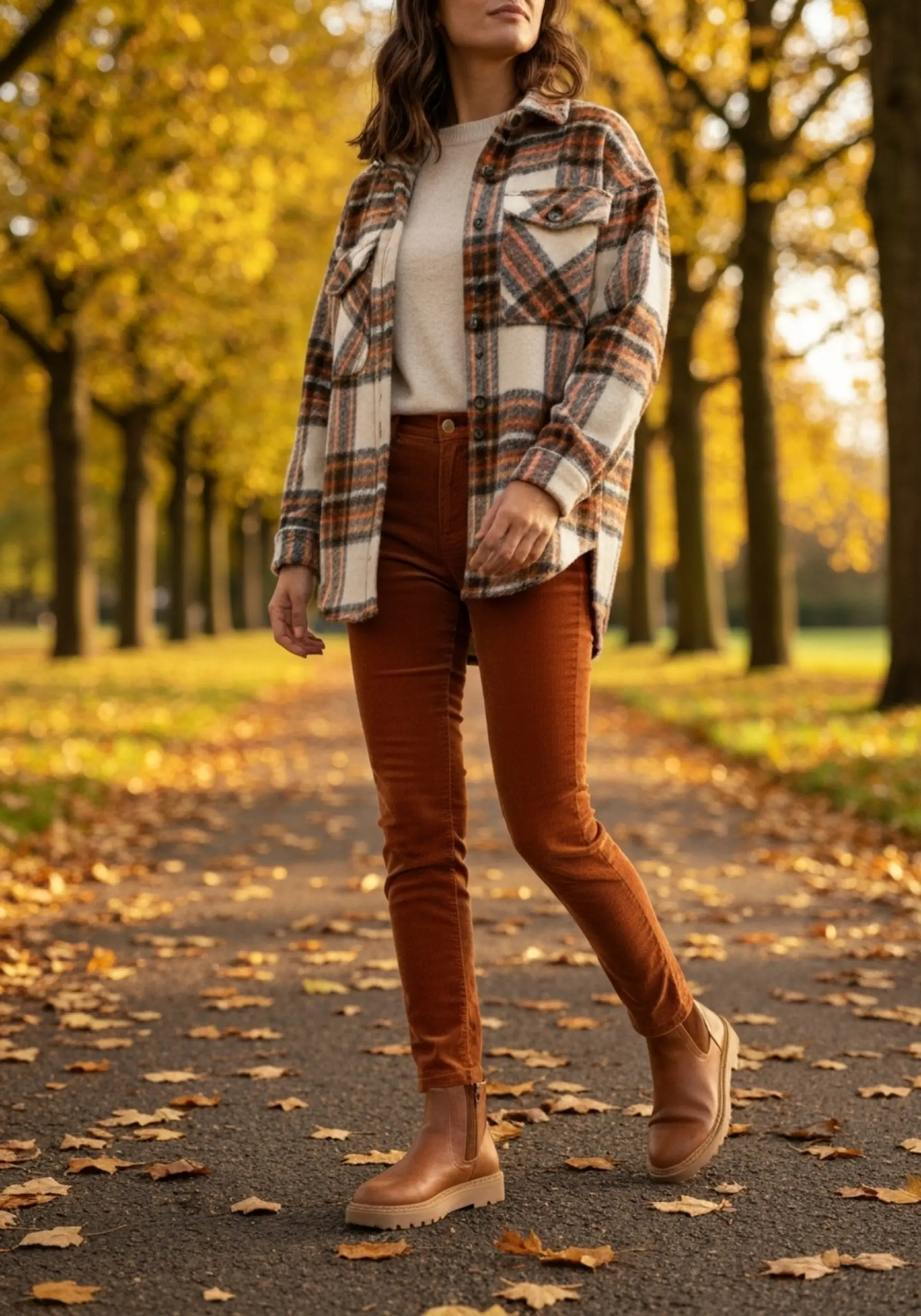 Cozy stretch autumn smiling setting corduroy a p wearing rust and an oversized in person image pants shacket 6 plaid colored