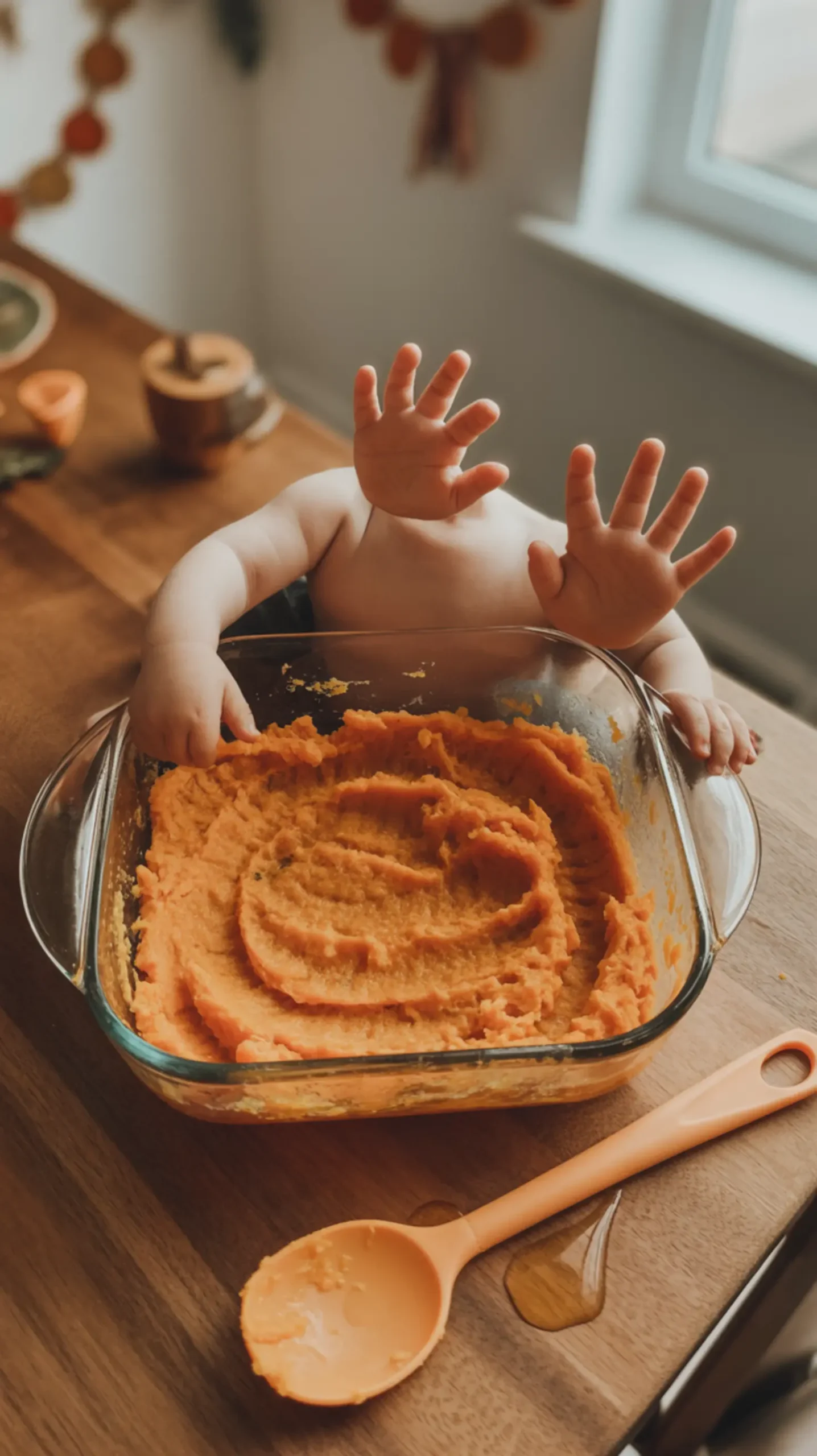 Vibrant where mashed orange with a toddler sweet p handprints potato glass digging and tracks image dish filled visible been 6 has baking