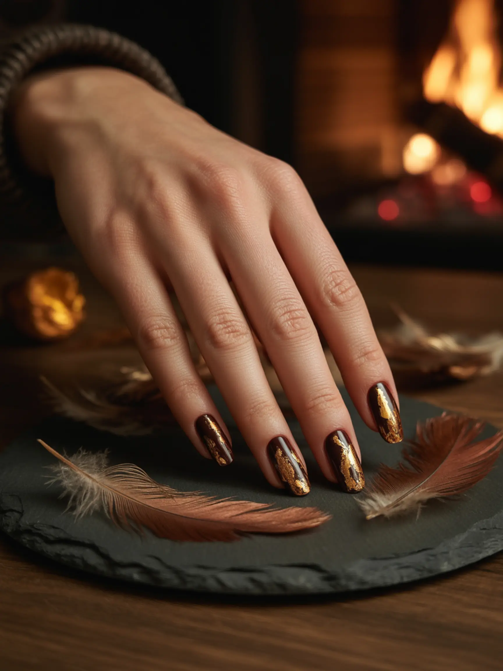 "20 Cute Turkey Nail Art Ideas for Thanksgiving (That Aren'T Tacky)" 6 Artfully brown foil copper dark with feathers on a mimic of p the texture manicure gold and image 6 to flakes placed nails