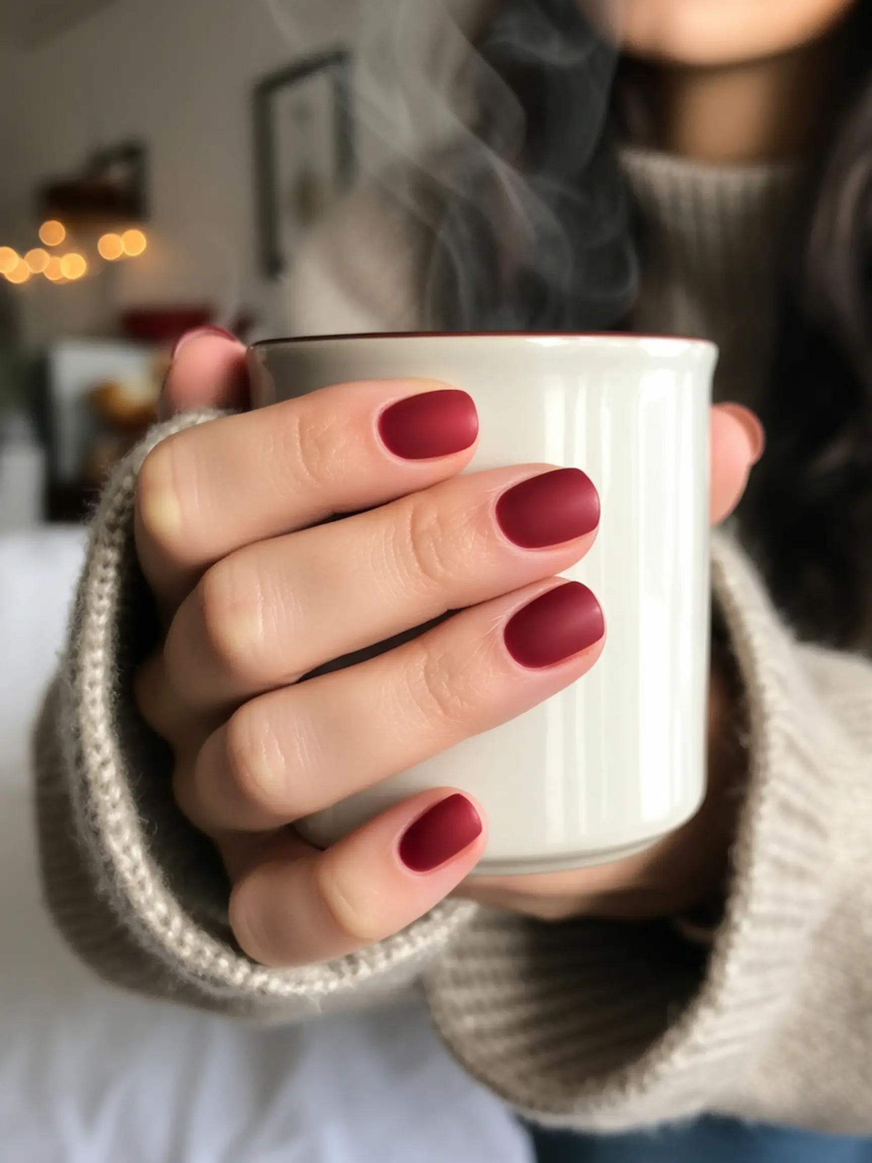 Non hand filed velvety with matte a glossy finish short p the deep neatly is in cranberry steaming image 6 holding mug red nails painted