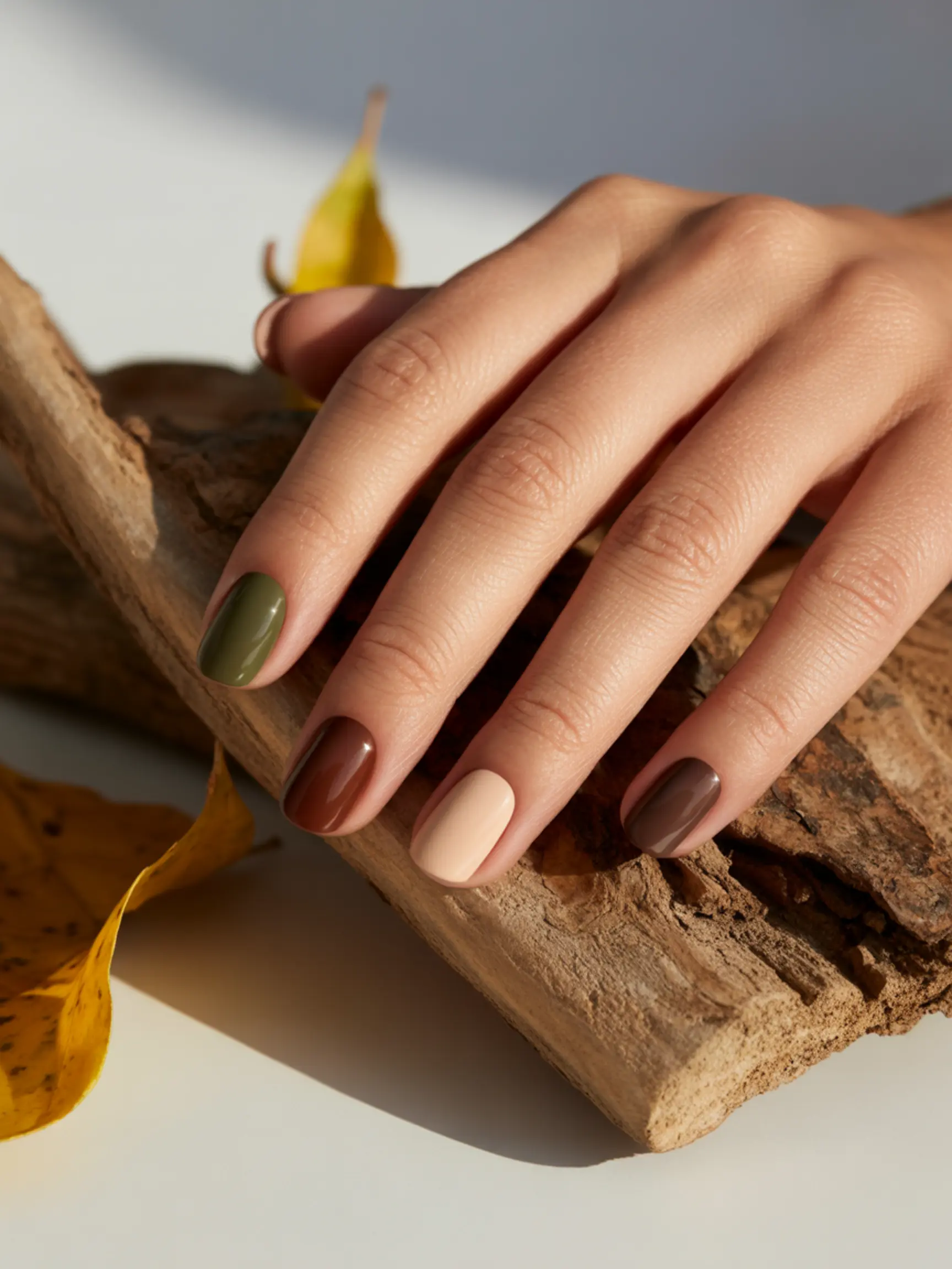 Beige hand brown with on a olive of p natural chocolate and alternating in green image resting 6 wood piece nails painted