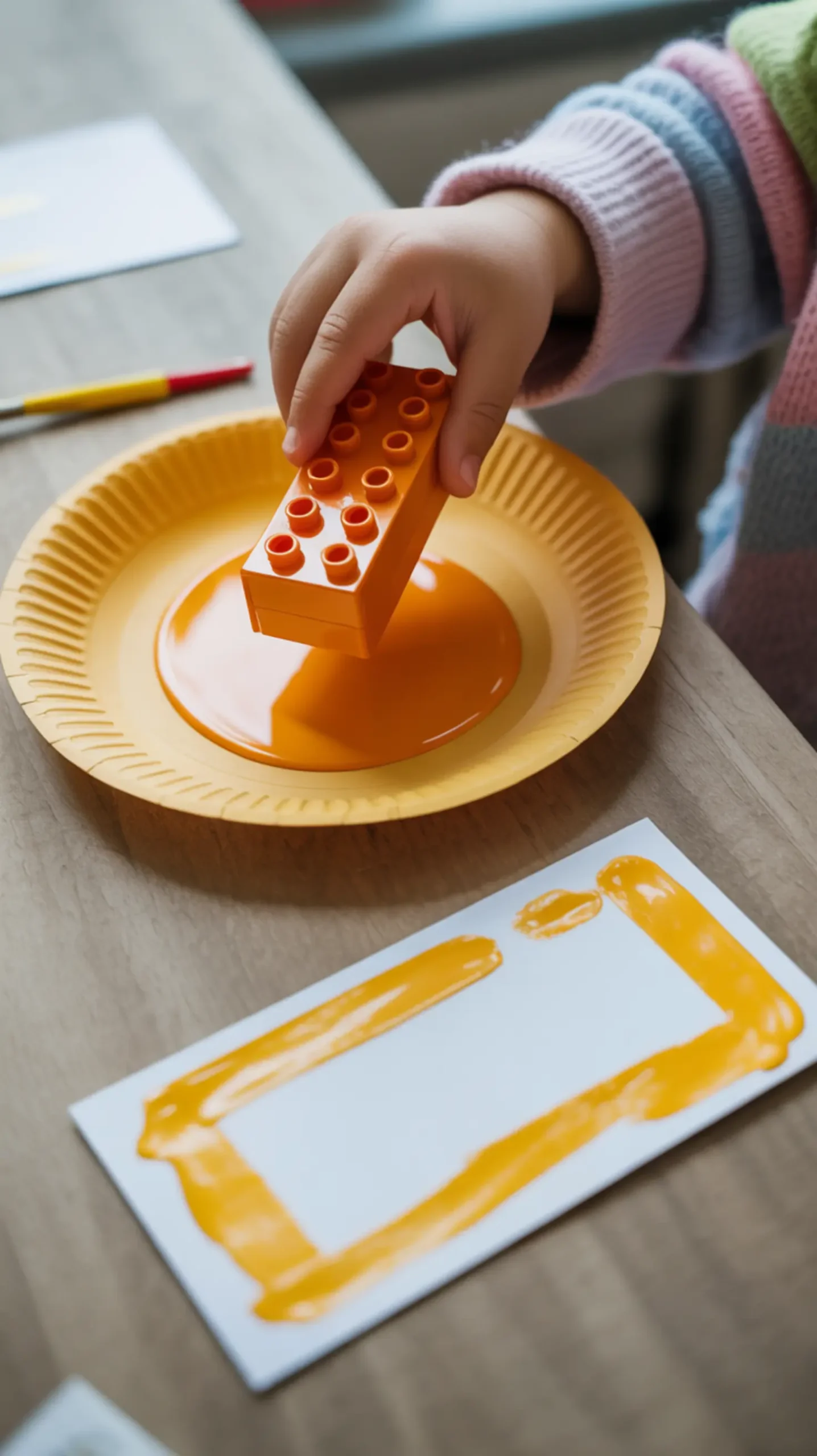 "7 Adorable DIY Thanksgiving Place Card Ideas Kids Can Make" 6 That being brick rectangular card orange with showing already blocky on a p border dipped shot above in image lego paper from paint next been 6 place to plate yellow has stamped