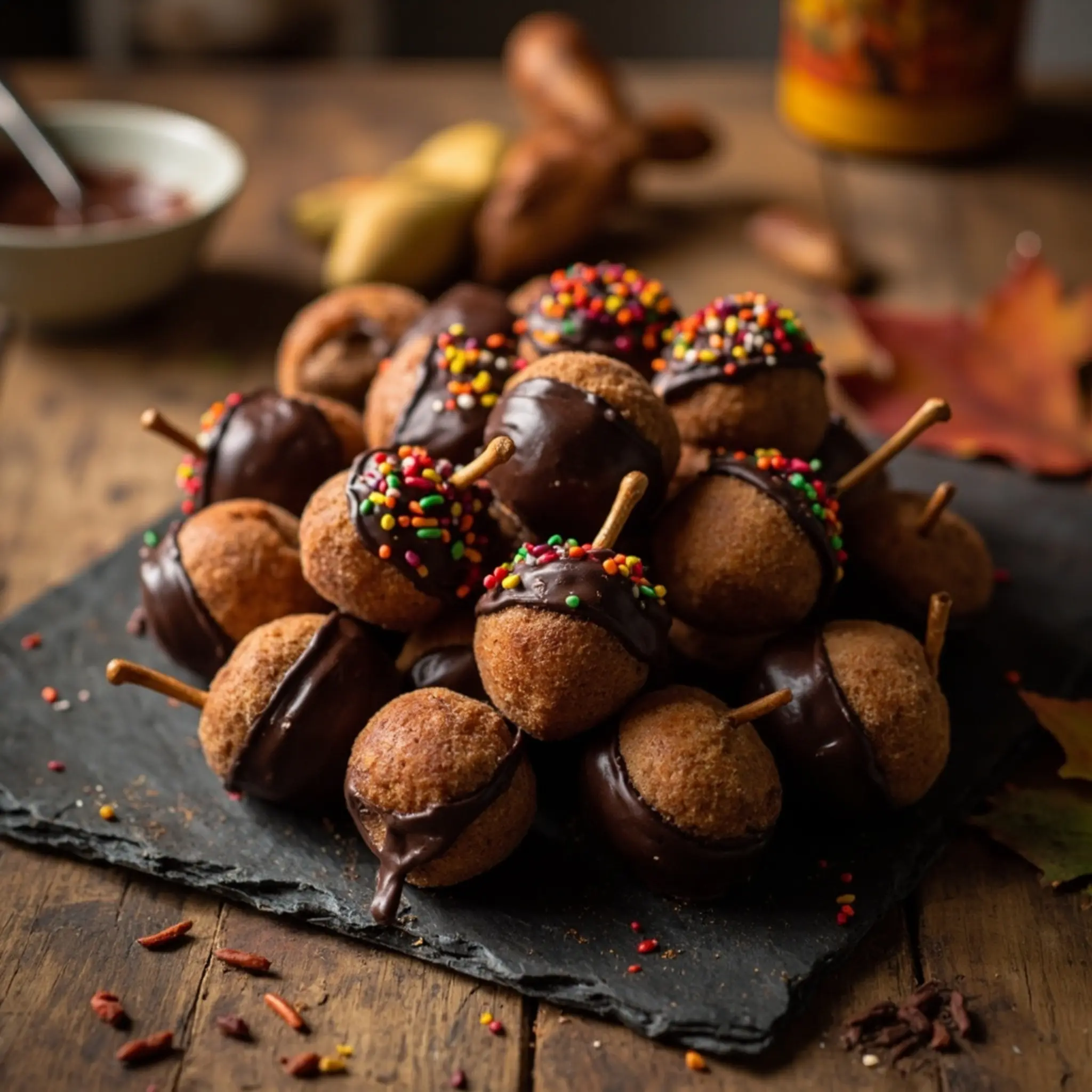 8221 finished 8220 contrast dark sprinkles donut showing hole on a cap of p chocolate the and acorns image rustic platter between 6 pile