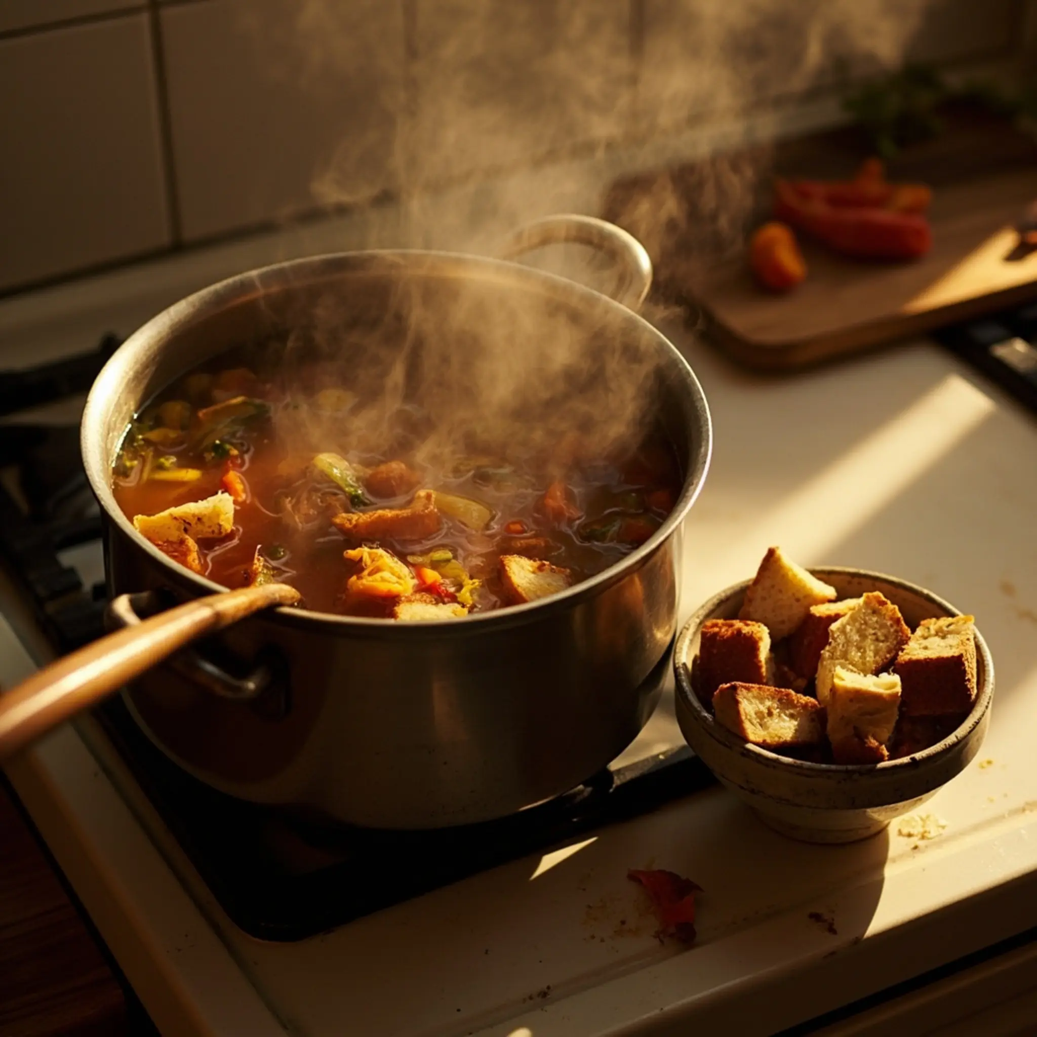 "10 Genius Ways to Save Money on Your Thanksgiving Groceries This Year" 6 Bread broth with on a of stovetop p it pot homemade cubes image simmering next vegetable bowl 6 to