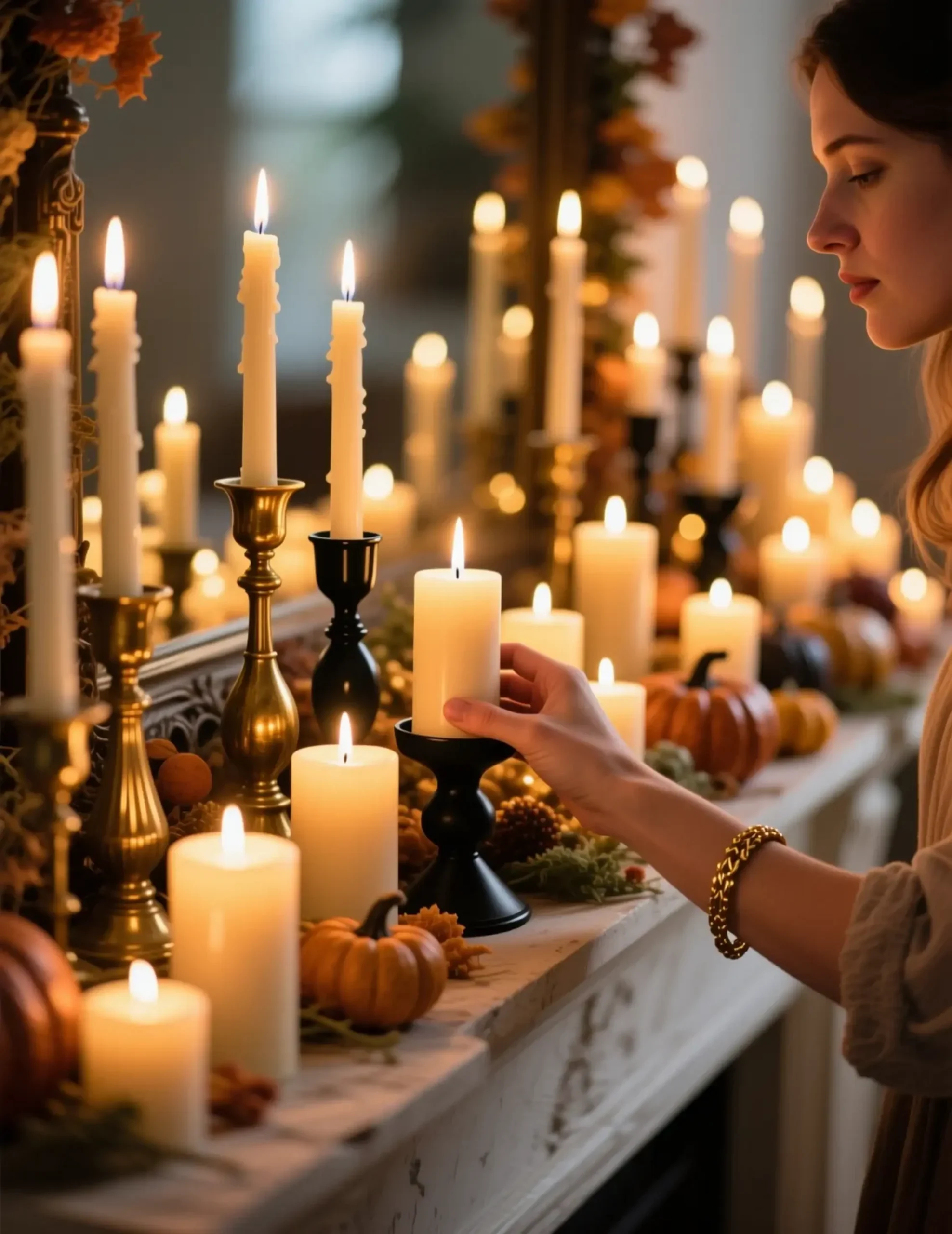 Collection mantel black warm brass holders different a of p heights set and candles in image pillar covered taper casting 6 light flameless