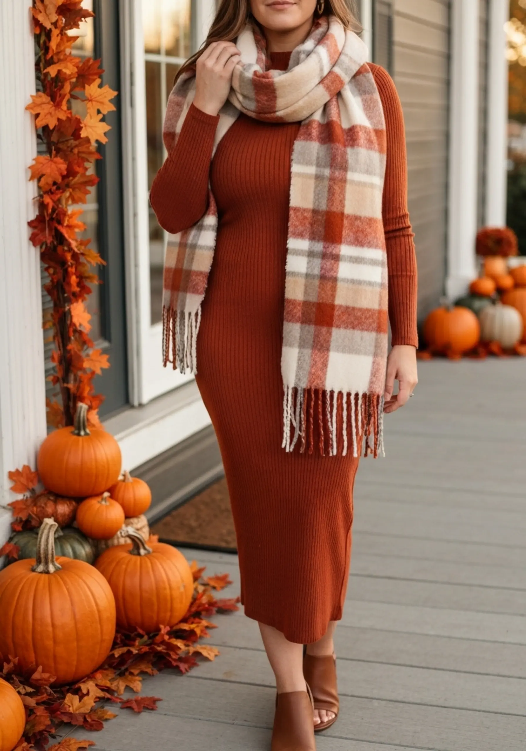 Woman accessorized with dress midi neck a p rust soft scarf around in image her large 6 plaid colored ribbed