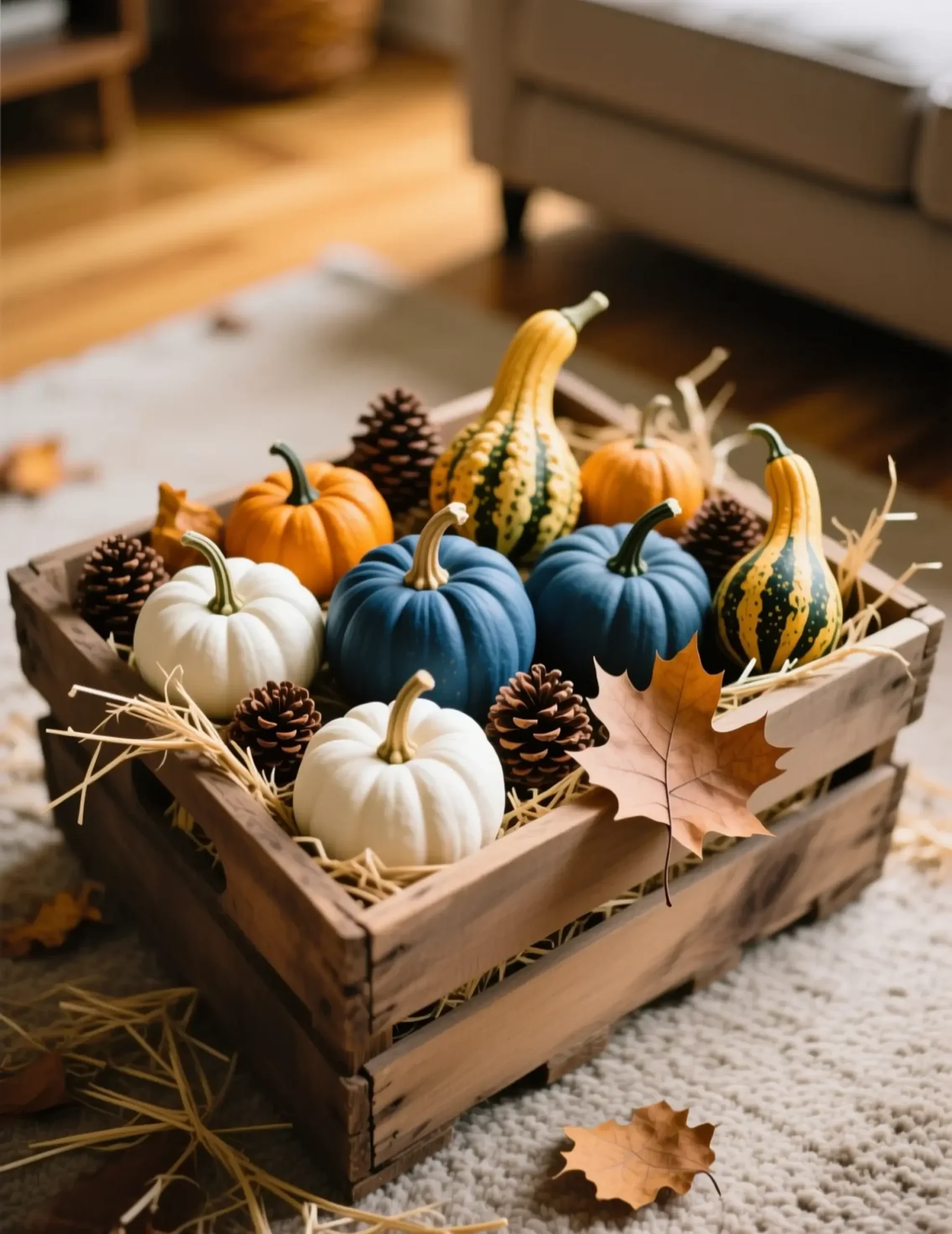 White door front crates with a scattered of near p small gourds and pumpkins image rustic filled pinecones blue two wooden 6 mix few stacked
