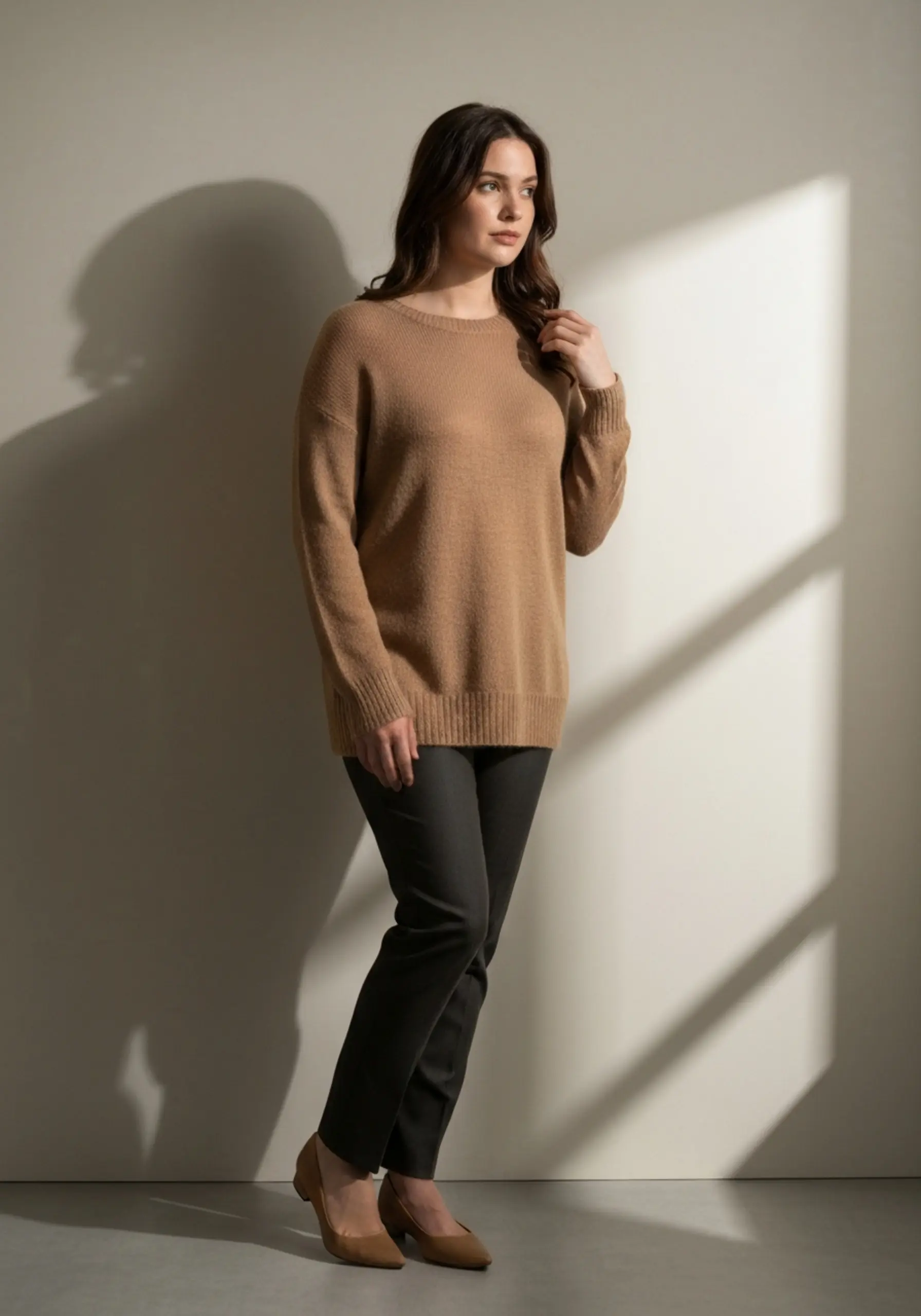 Set backdrop a camel woman posing against simple 6 sweater p colored wearing knit image elegantly lightweight