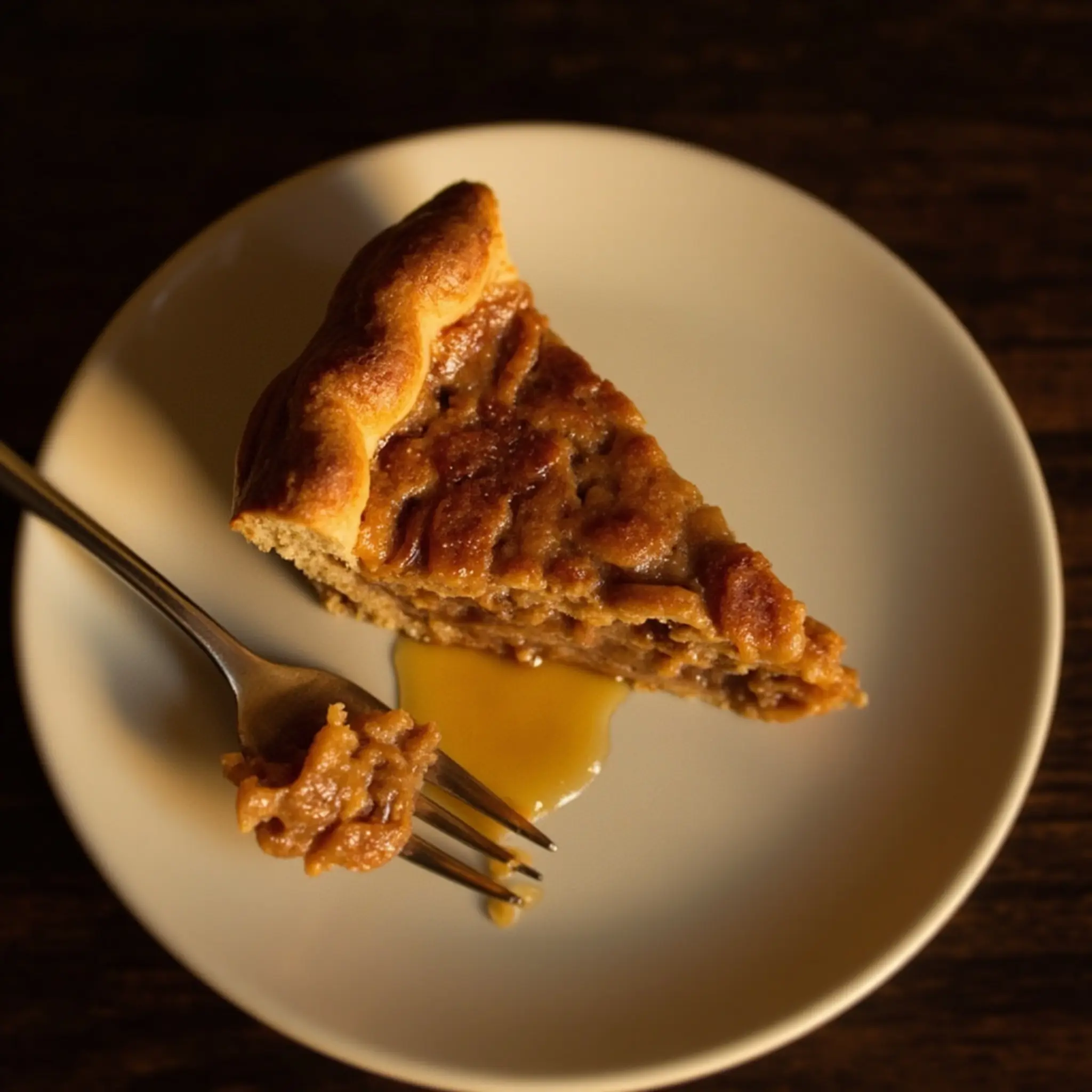 Showing on a fork pie glistening of gooey 6 amber p interior colored image the slice