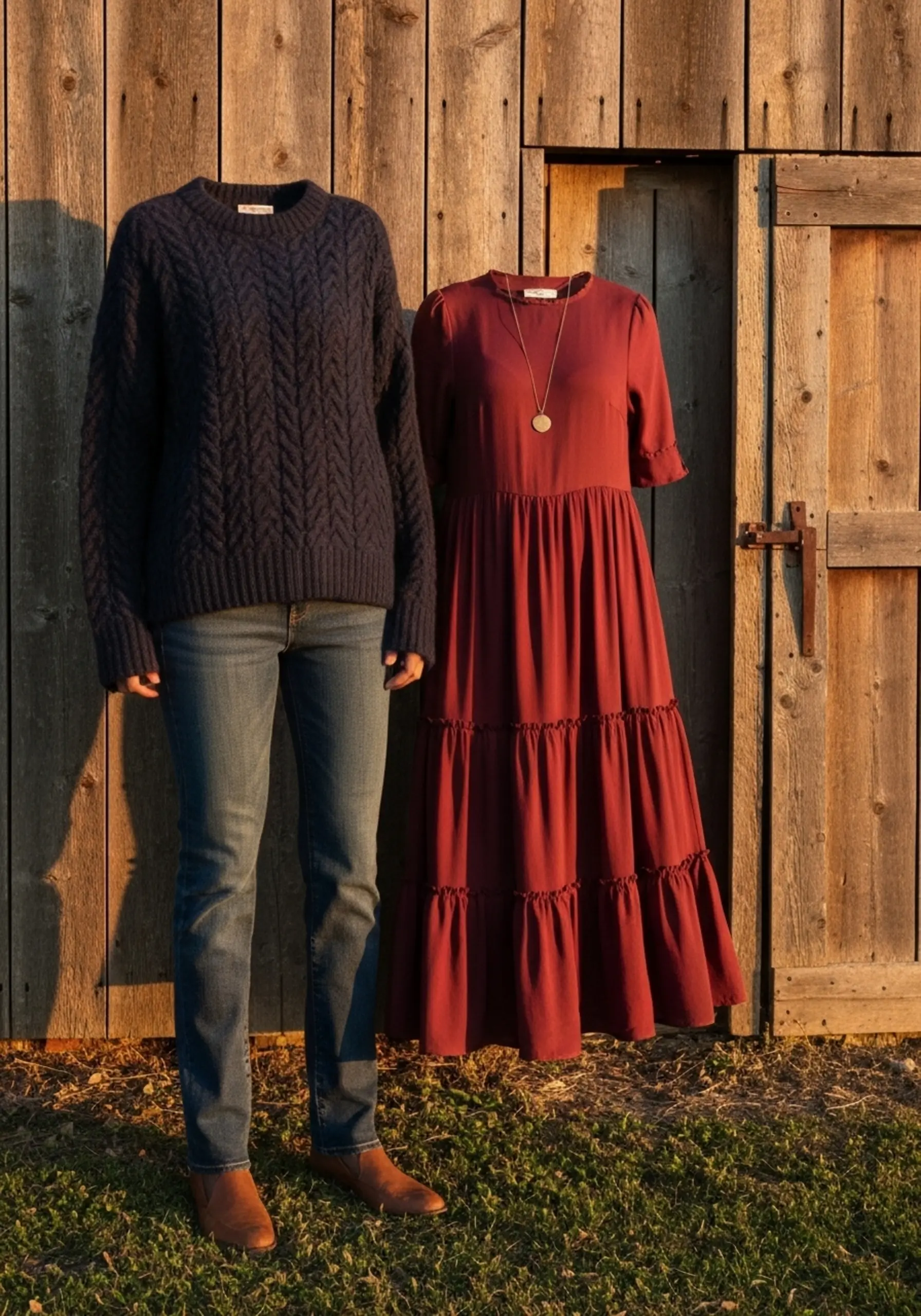 Denim front burgundy dark dresses family a of p sweaters and in barn image navy rustic perfectly 6 standing coordinated