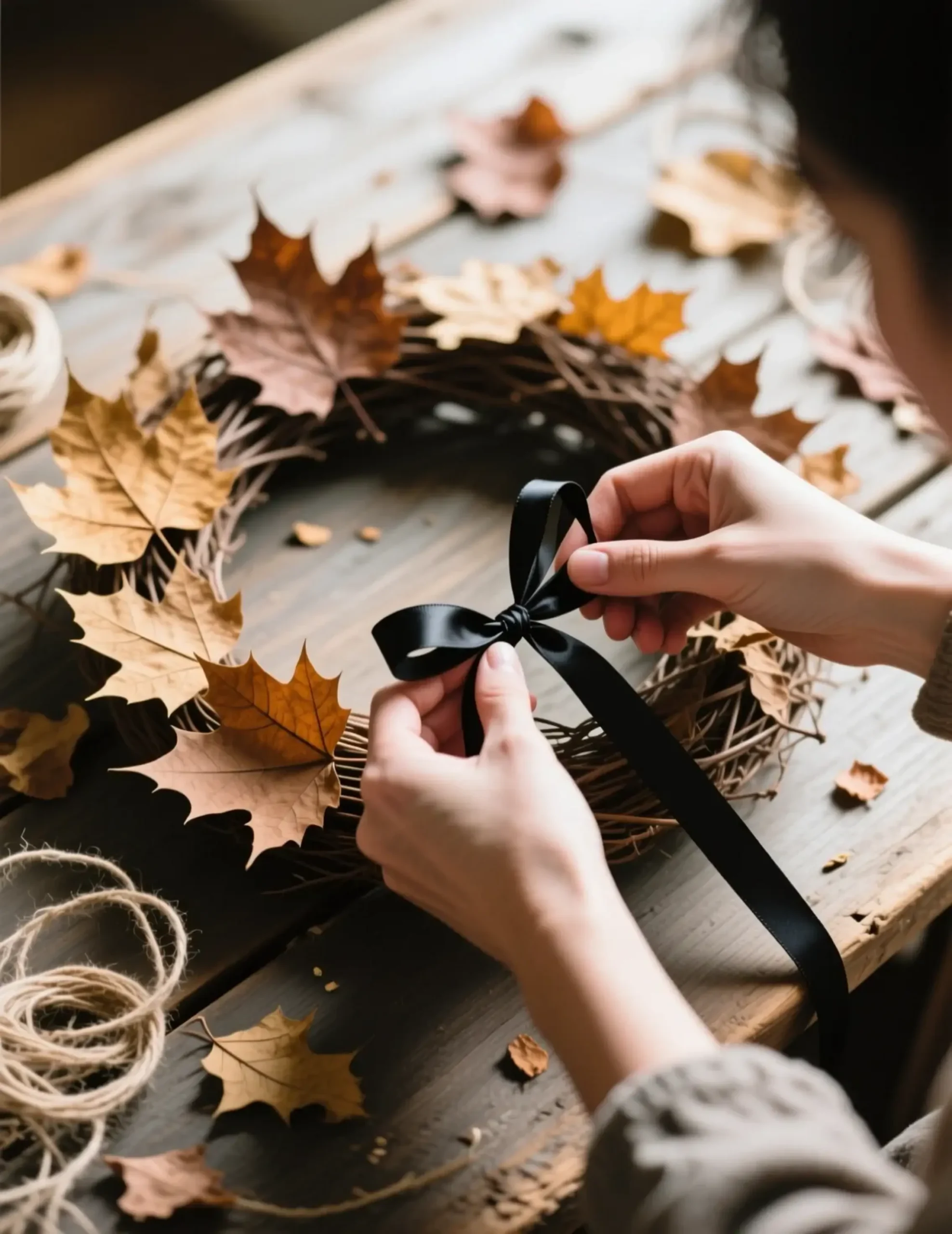"10 Easy Ways to Transition Your Fall Decor to Thanksgiving (In 1 Hour)" 6 Untying front door hands dried black wreath on a s p small ribbon 8217 person beautiful carefully image from leaf 6 hanging
