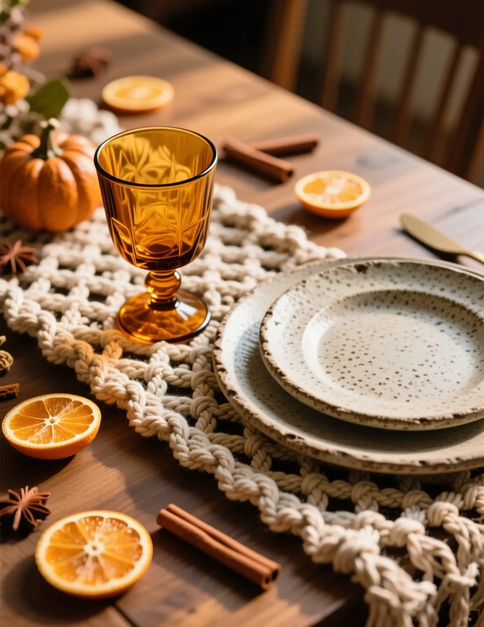 Intricately creating warm glow a p featuring the catch and macrame knotted amber beautiful afternoon image stoneware dining runner plates 7 light thick colored table goblets