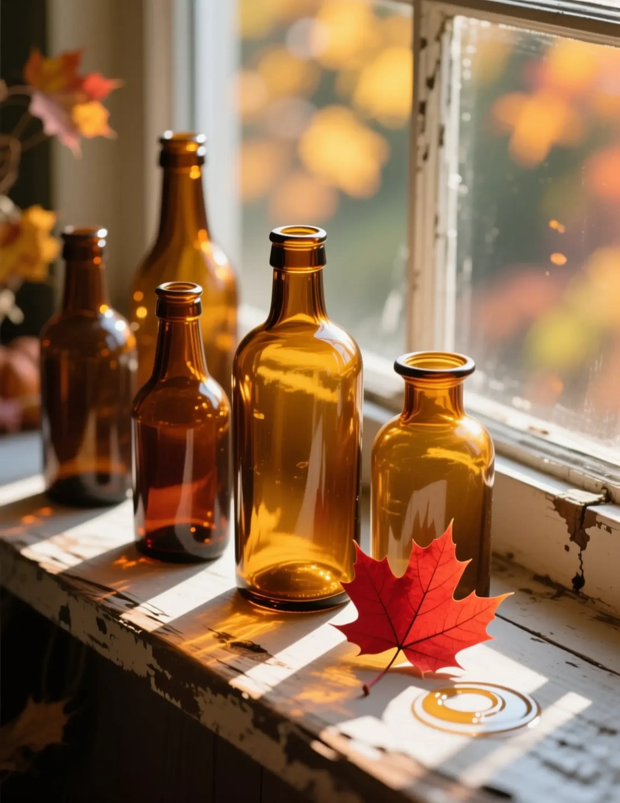 Vase catching sunny on a p small windowsill the sized bottles glass arranged and amber image 7 light few medium
