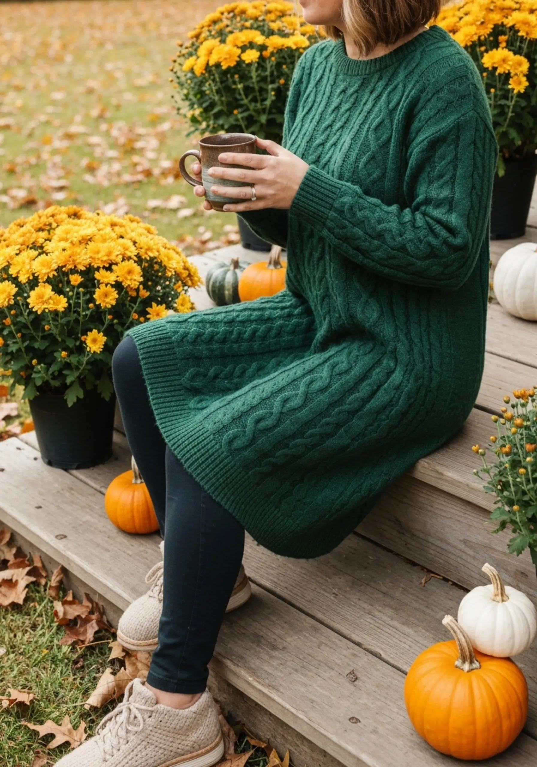 Woman hands step dark knit with dress sitting on a leggings worn p forest over cable in green image her 7 mug porch tunic