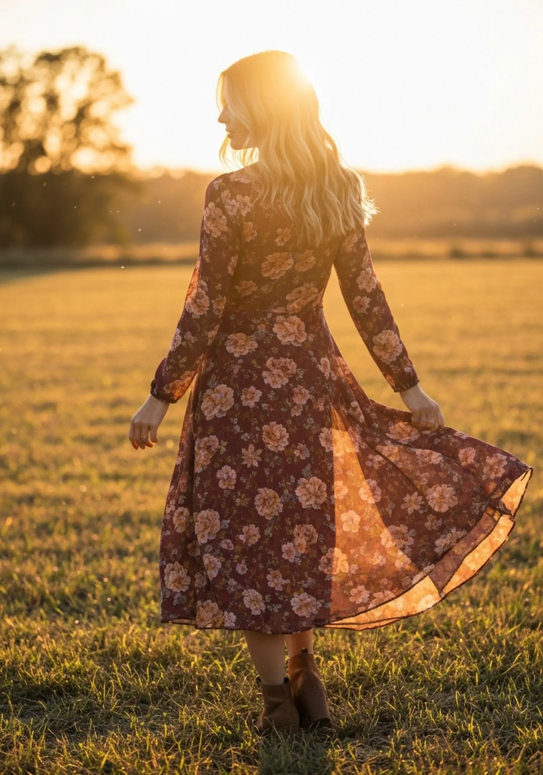 Woman flowy floral sleeved dress line a twirling p slightly the show in beautiful image long 7 fabric to