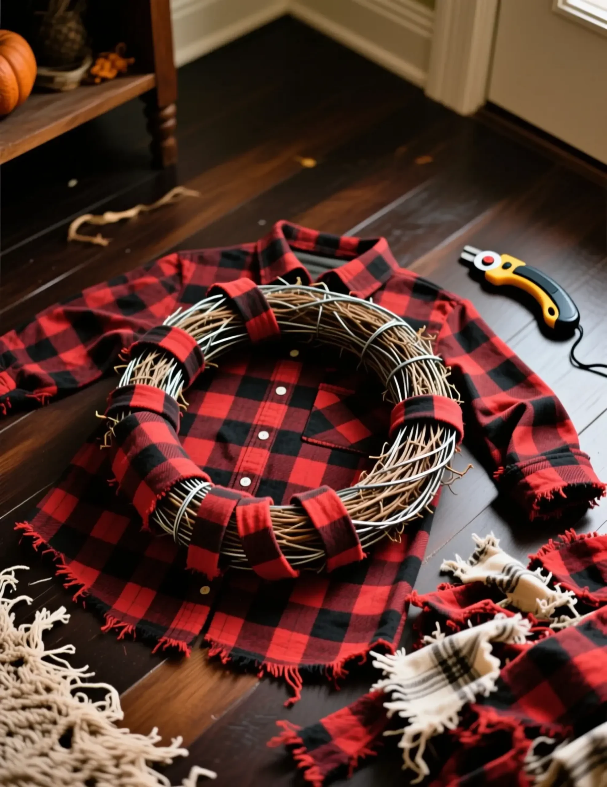 Perfect cozy full buffalo tied black frame wreath made a of p or the style flannel check around fluffy cabin and strips image home rustic for from wire 7 looks red plush