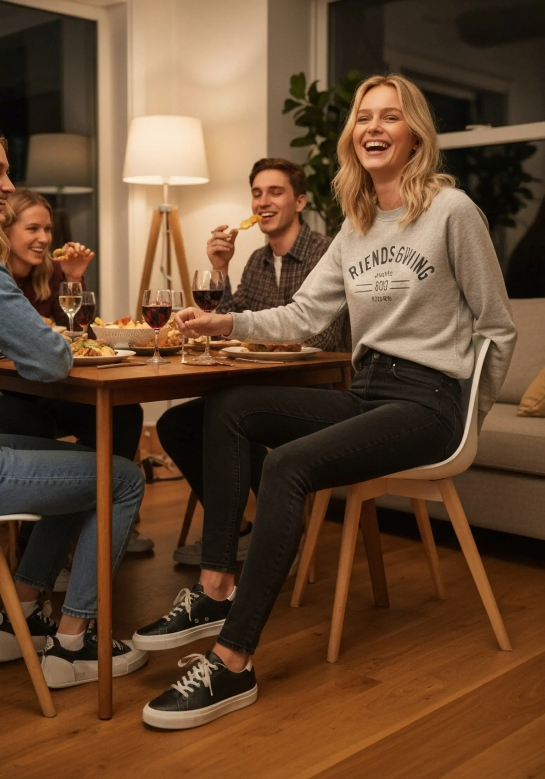 "7 Ways to Style a Satin or Velvet Midi Skirt for Thanksgiving" 7 White grateful 8220 8221 woman flowy sneakers friendsgiving with candid sweatshirt a of skirt satin p wearing fun clean and script at laughing image chic party 7 paired photo
