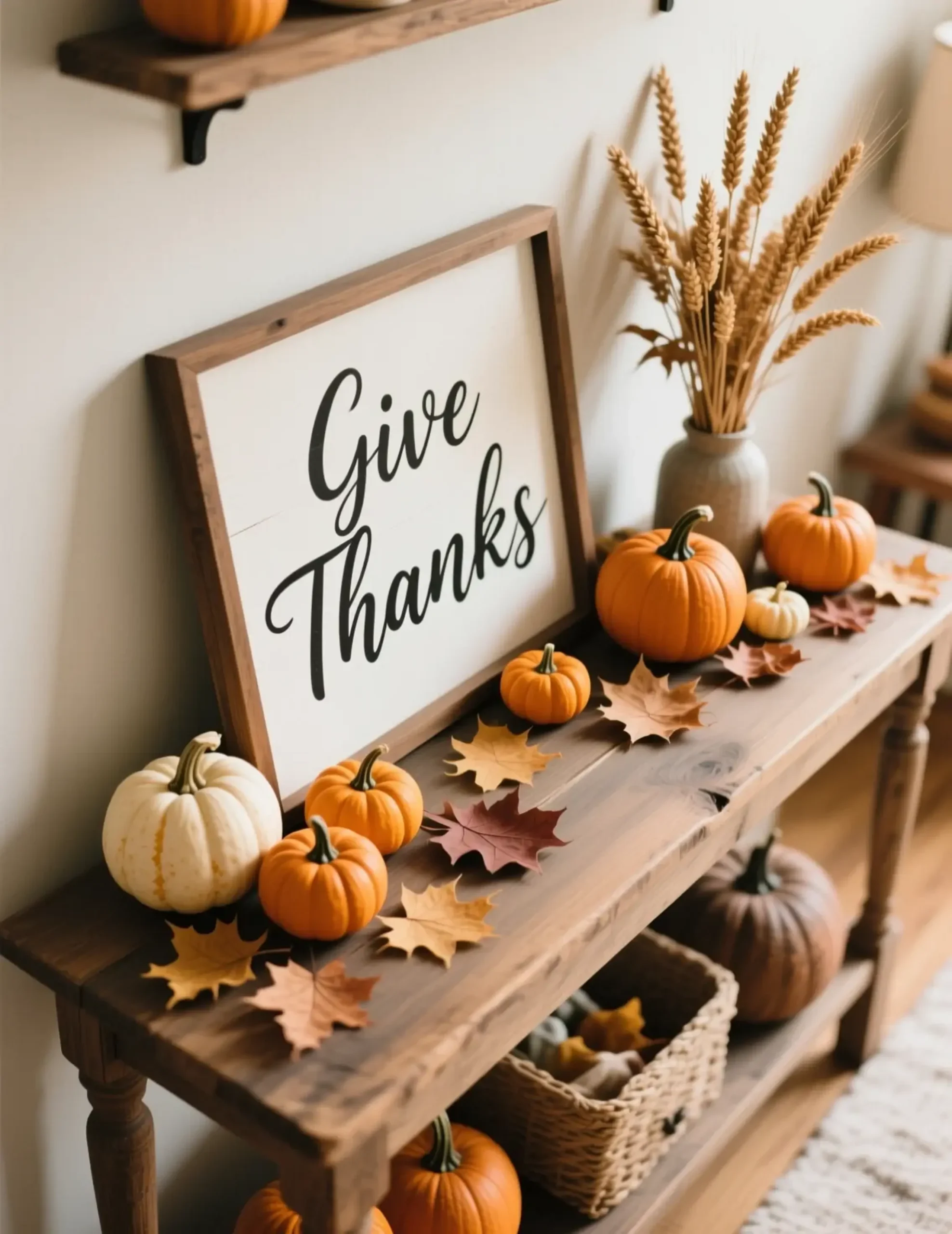 "5 Things to Put Away (And 5 to Add) When Decorating for Thanksgiving" 7 8221 8220 with on a p give above mini sign pumpkins wall styled beautiful thanks image console hanging 7 table