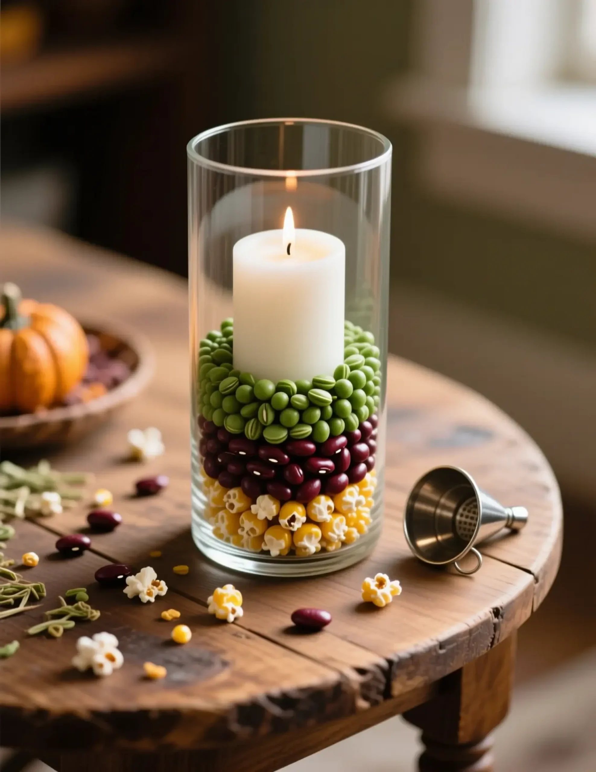 White vase peas layers kidney center hurricane beans by with a of split neat p the tall popcorn glass and in image candle 7 kernels red surrounded