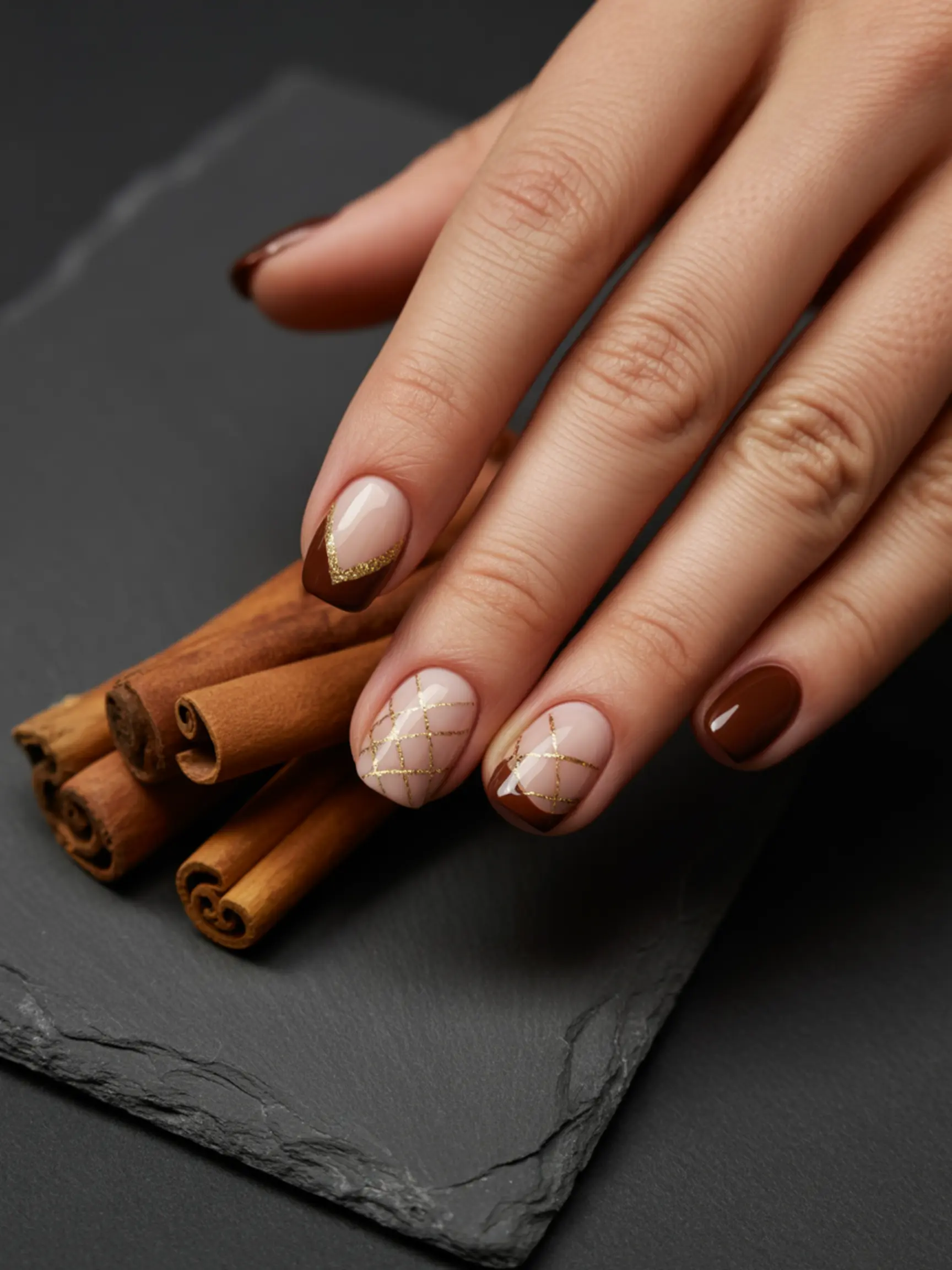Drawn where brown hatch french look like a cap of p chocolate the style glitter manicure gold an is over acorn nail cross image pattern tip top 7 to third painted