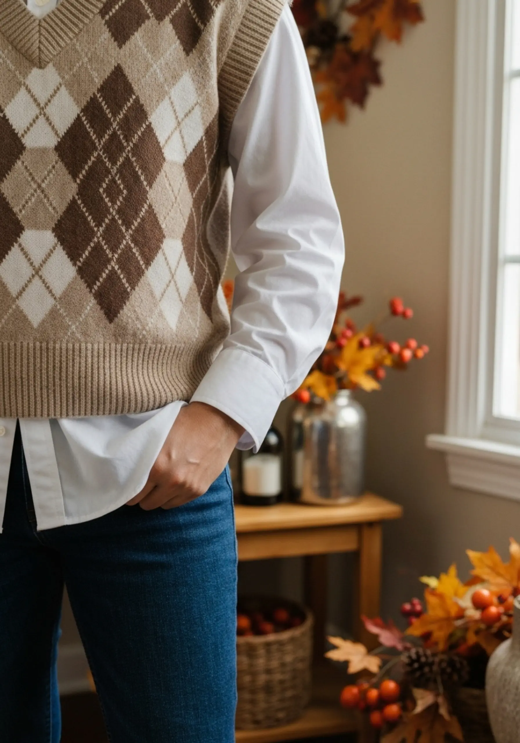 Beige white jeans sweater dark outfit with showing a shirt under layered button p vest argyle wash down out crisp image from peeking 7 paired