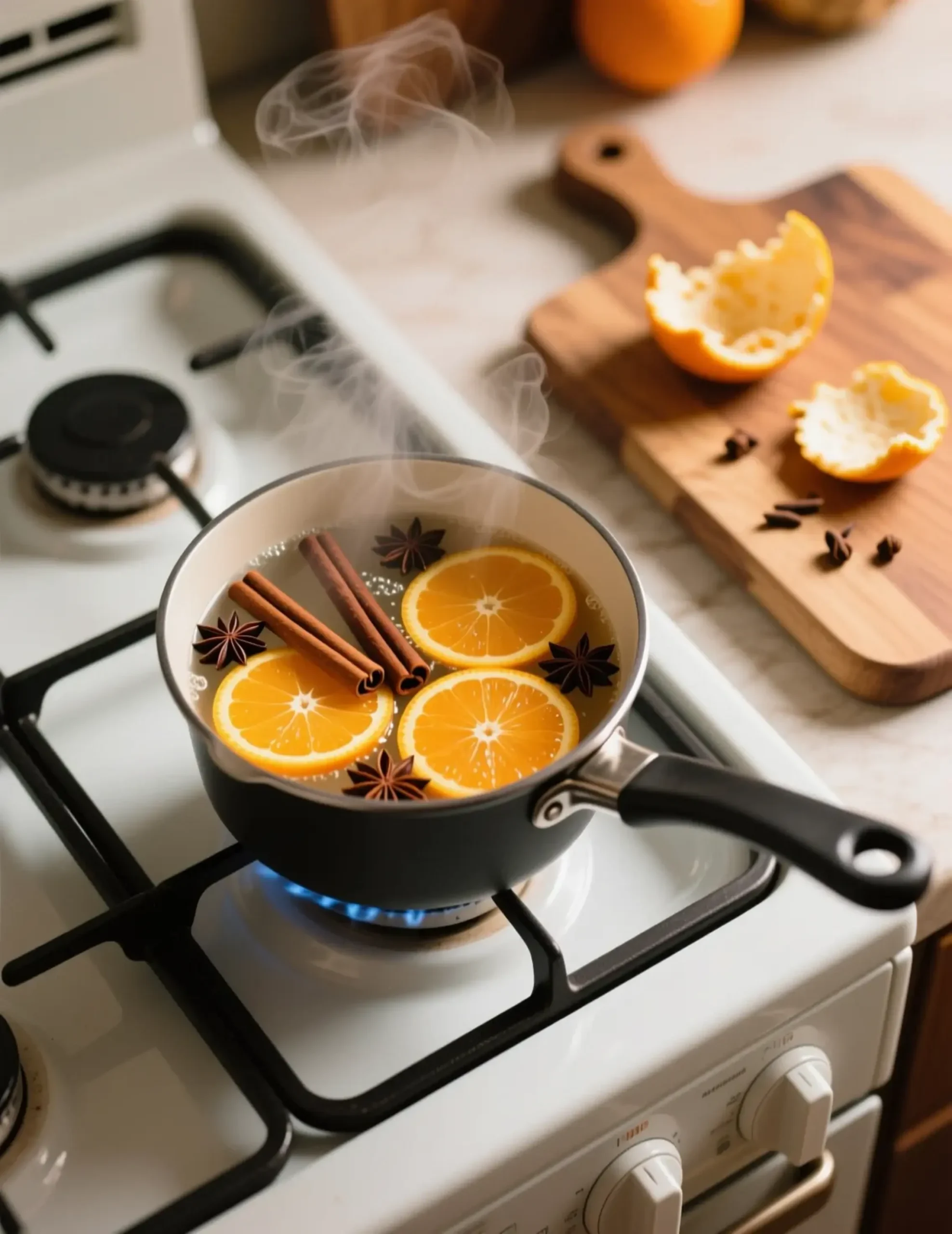 Whole rising water cloves orange with saucepan a on gentle p small steam stove slices and it image simmering from sticks 7 cinnamon