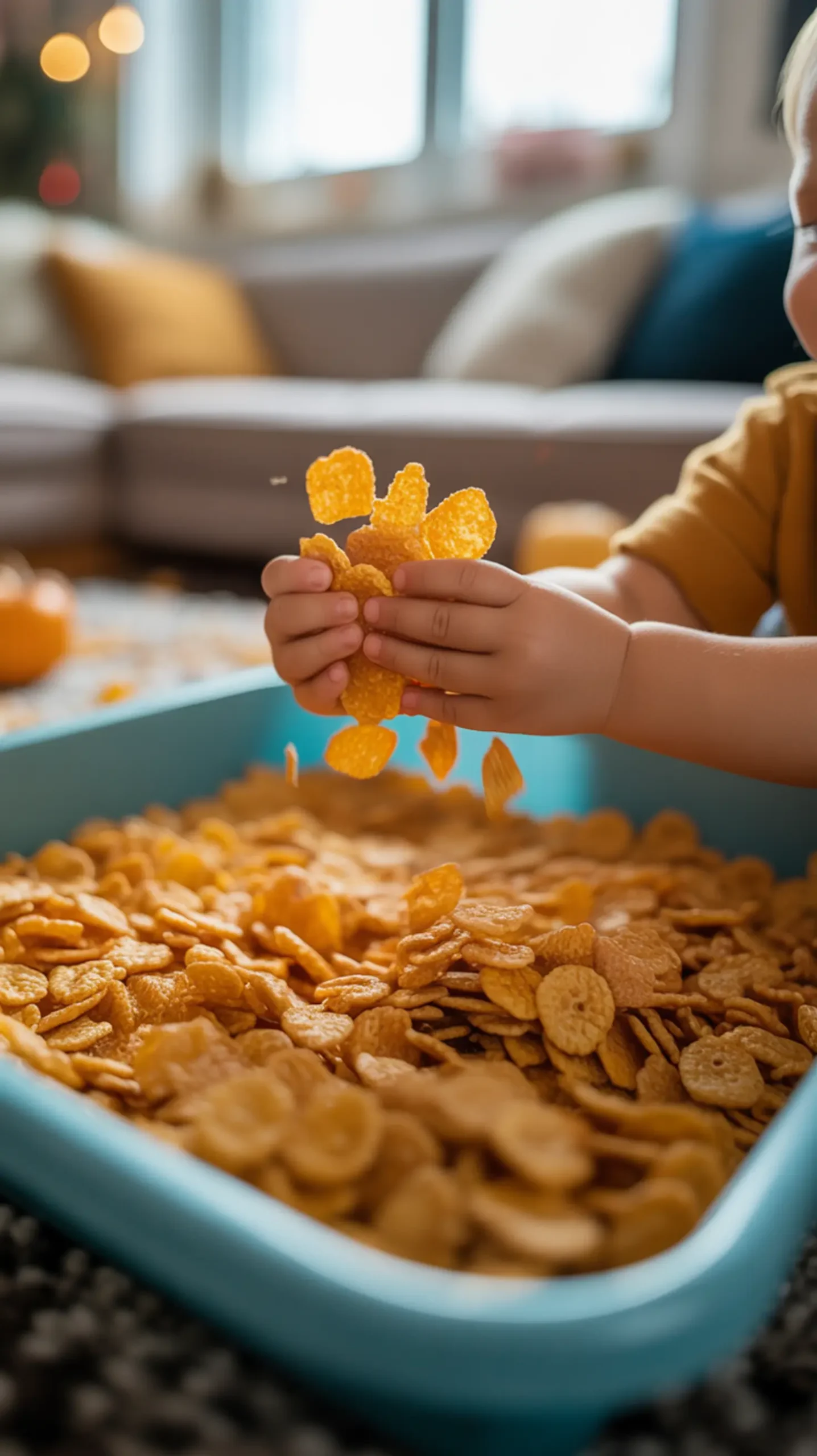 8221 bin 8220 hands corn leaves crushing with handful a toddler of s p shown cereal the into are image smaller filled happily shallow pieces 7 flakes