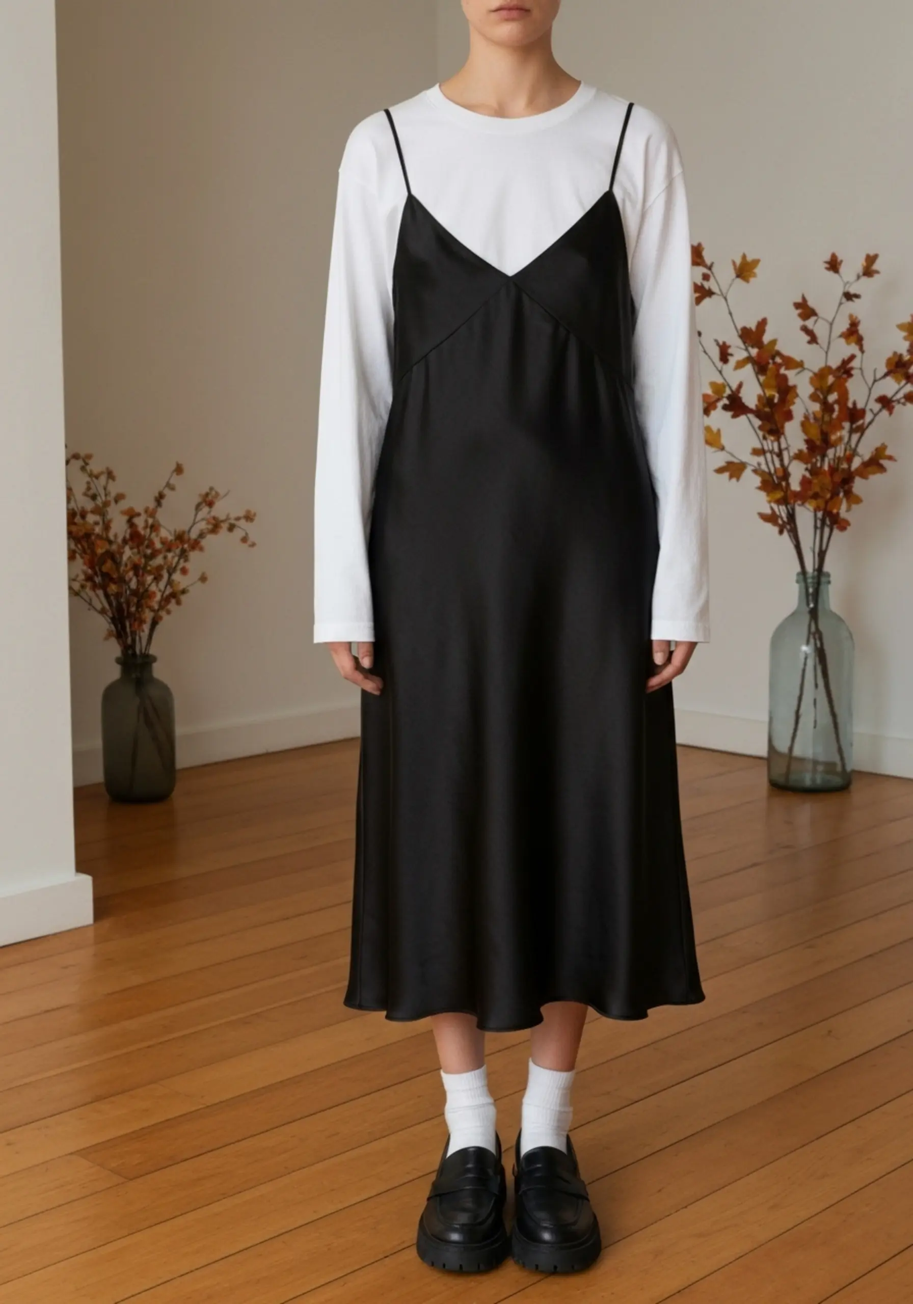 "15 'Casual Chic' Thanksgiving Outfit Ideas (When You're a Guest)" 7 Loafers white creative black outfit with dress a sleeve layered satin p featuring chunky tee over slip image long 7 paired
