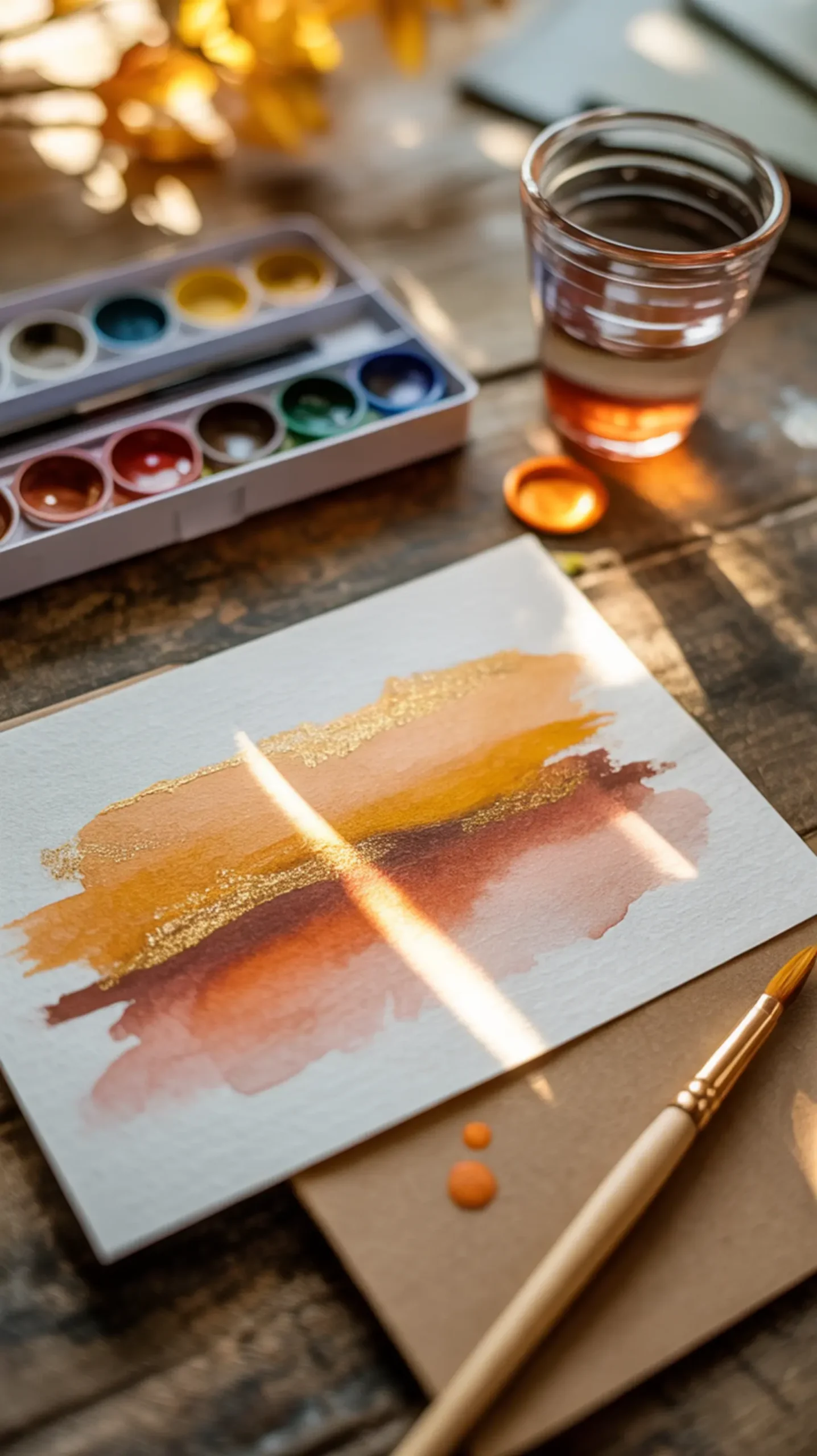 Abstract brown card orange with made on a of p thanksgiving watercolor gold set gorgeous and an beautifully wash focusing image paper from 7 place plate