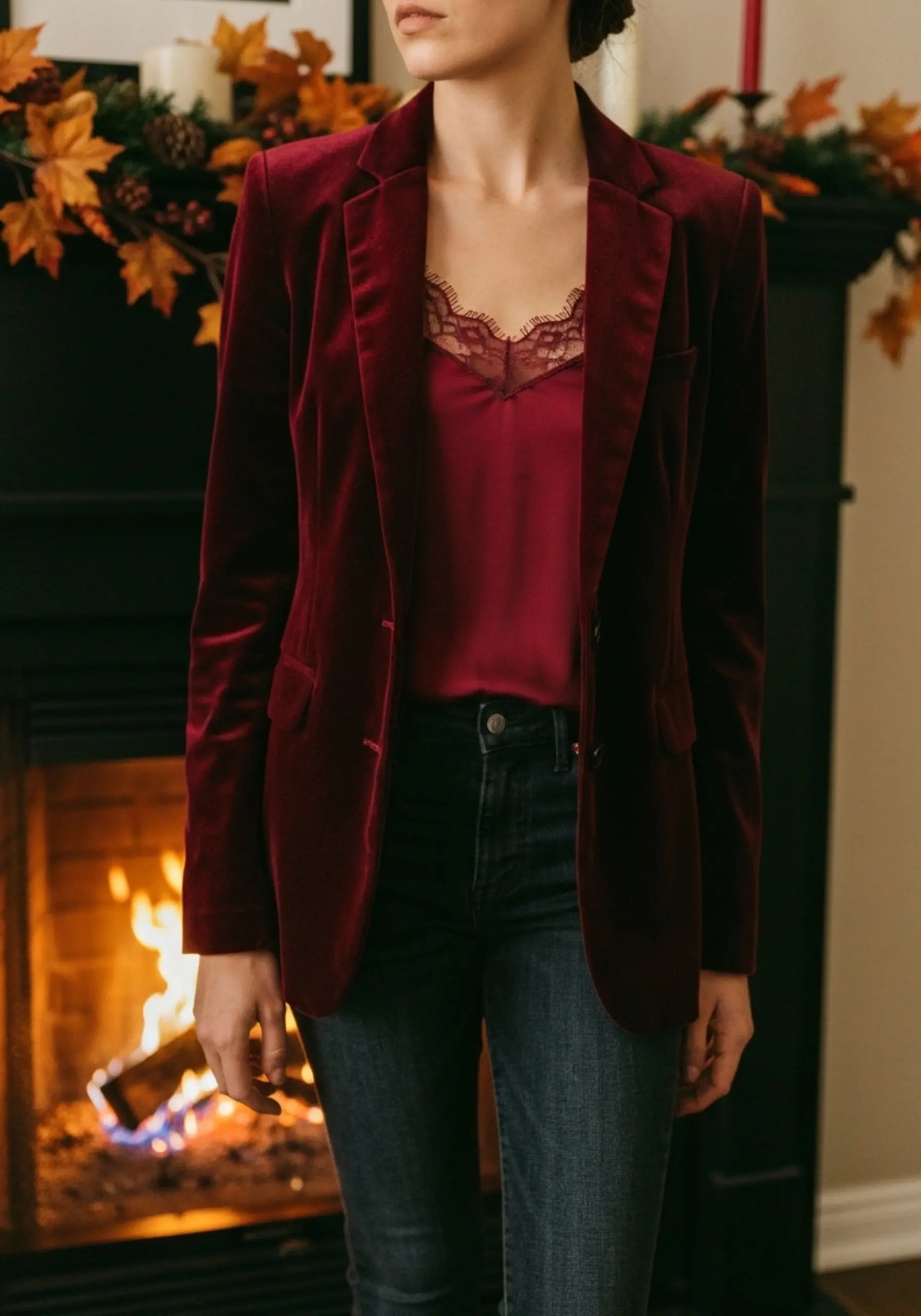 Woman jeans burgundy dark by smiling warmly a cami p stunning wearing blazer simple lace and deep over wash image velvet fireplace 7
