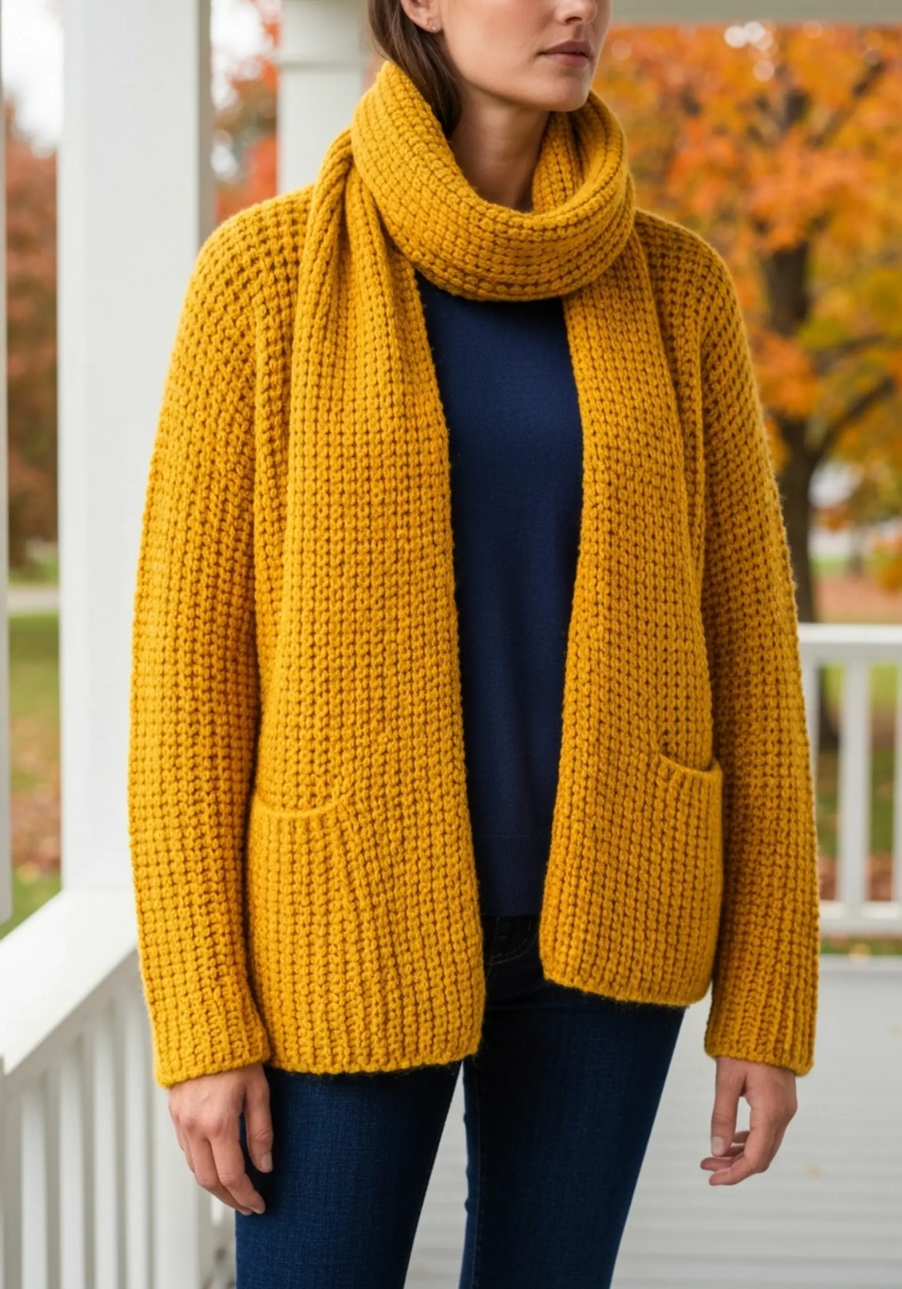 Dressed mom daughter with cardigan family a p wearing the scarf and in image bright navy primarily mustard blue matching 7 yellow