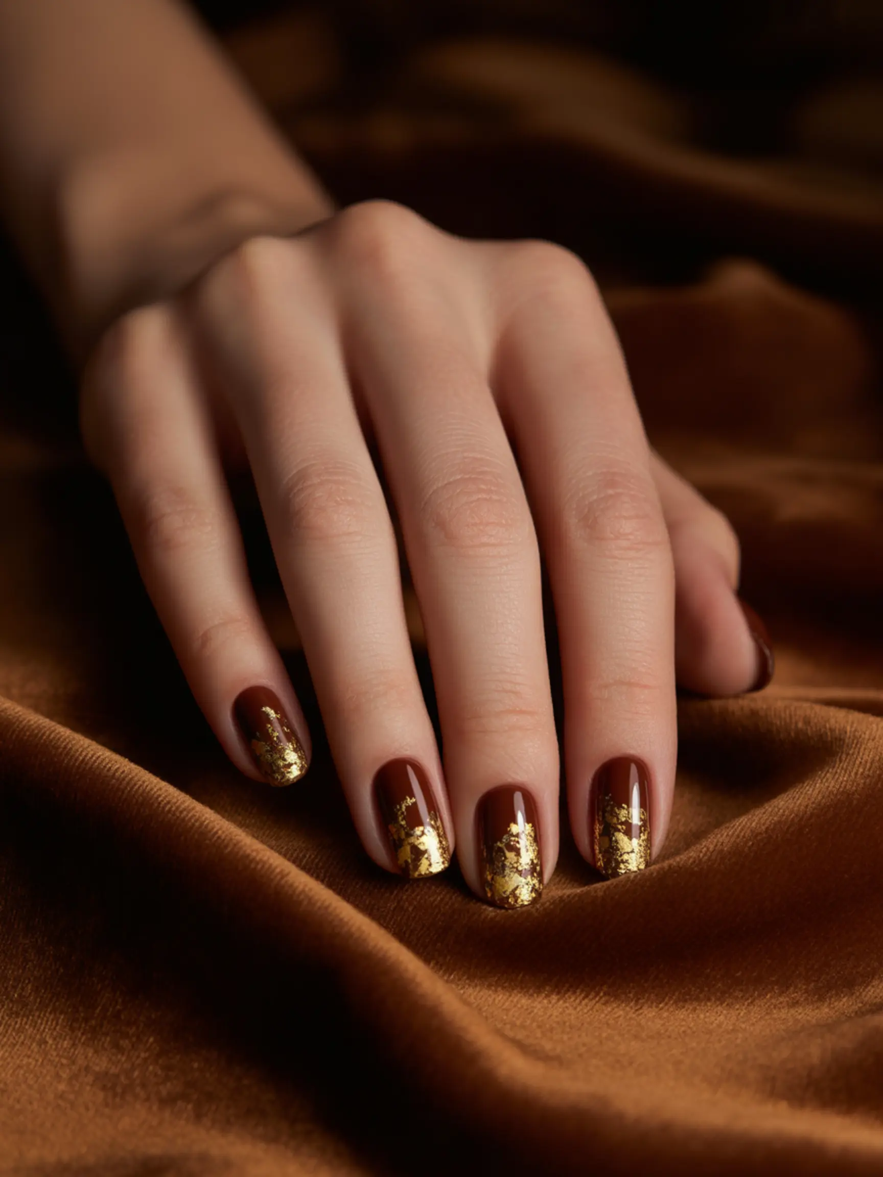 That brown effect base foil creating with a ombre of near p the gold an deep cascade concentrated color image cuticles 7 flakes nails has