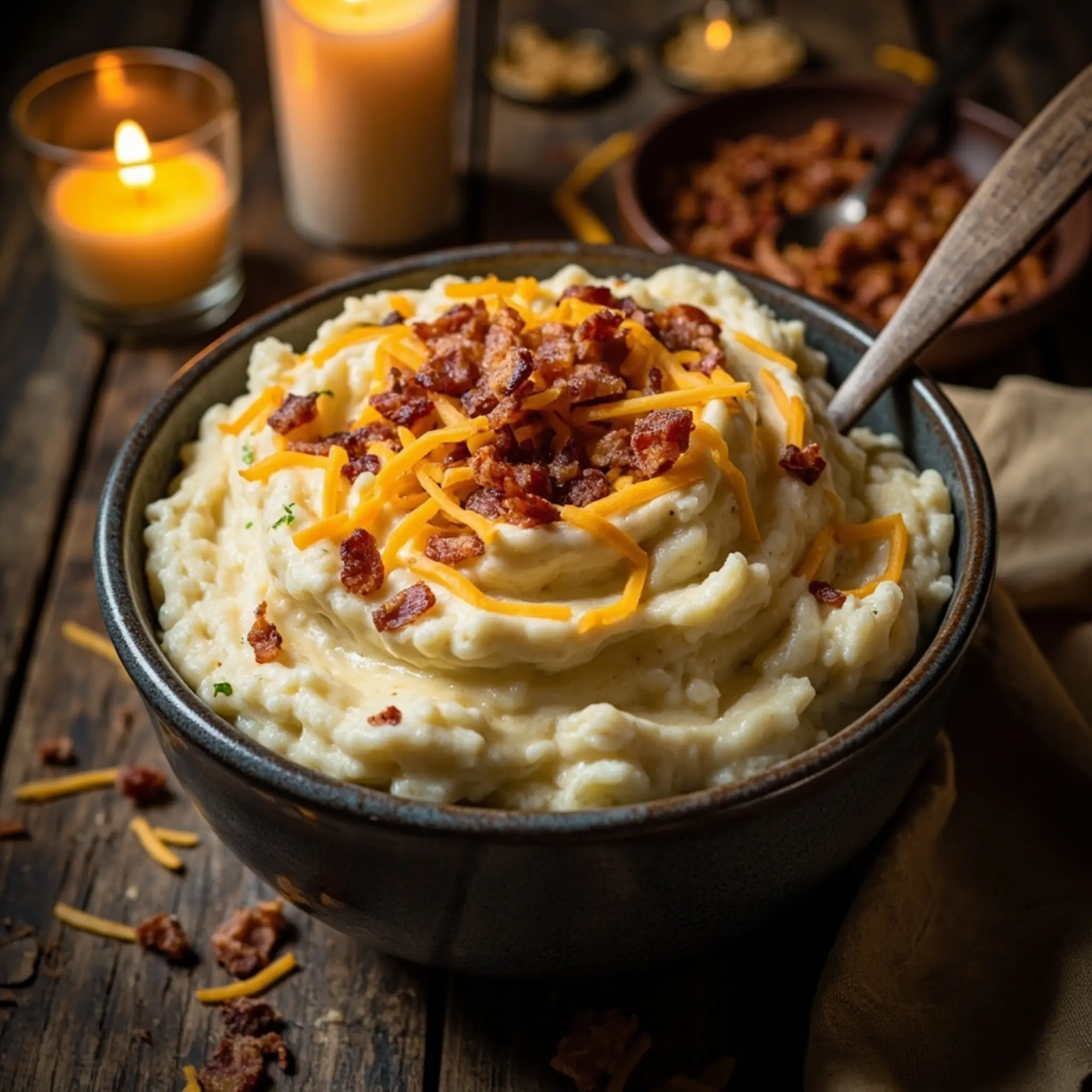 White bacon with 8 a mash of creamy p sprinkle the and cauliflower image cheese bowl bits garnished
