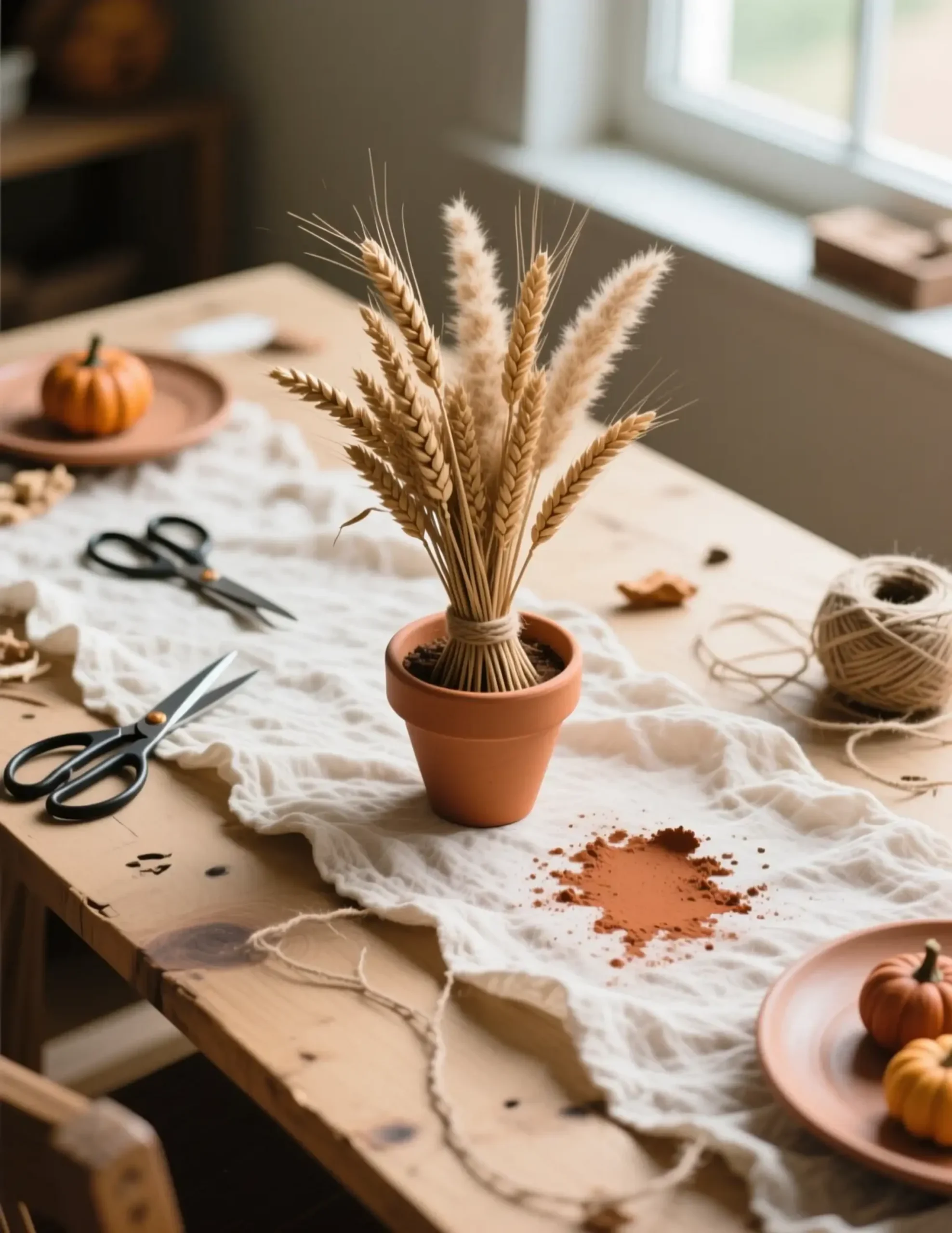 Rumpled dried wheat center with a of p small simple the bundles grass mini and along gauzy in are image cheesecloth pampas terracotta runner pots wooden placed table 8