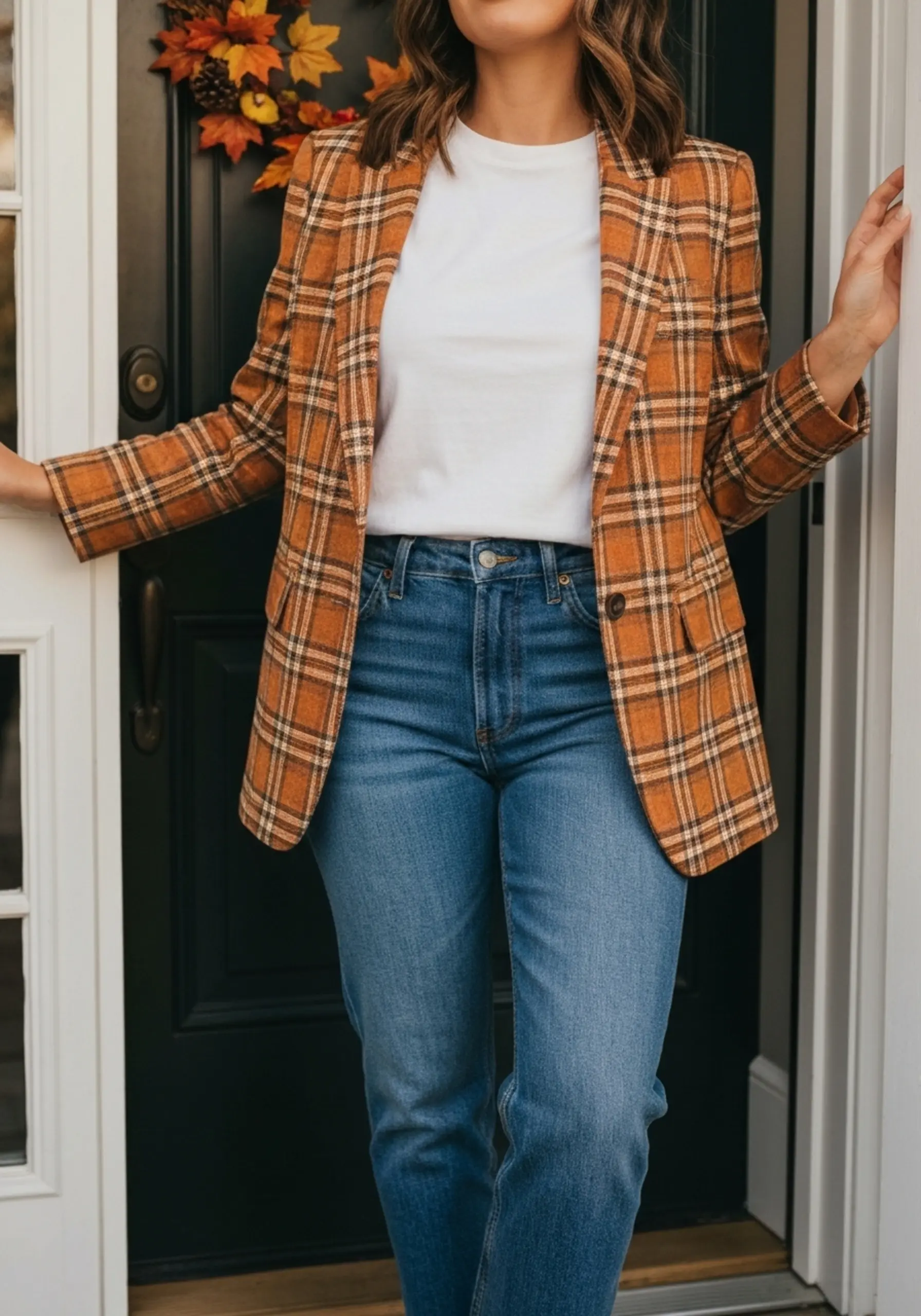 "15 'Casual Chic' Thanksgiving Outfit Ideas (When You're a Guest)" 8 Leg white woman jeans polished looking a shirt t p blazer simple and in wash straight image plaid medium 8
