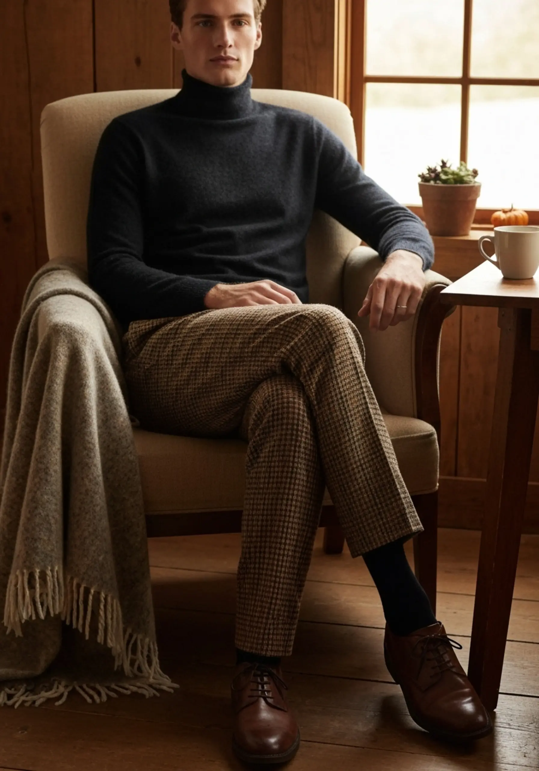 Brown black with pair trousers a of p simple turtleneck tailored and styled image tan cashmere plaid 8