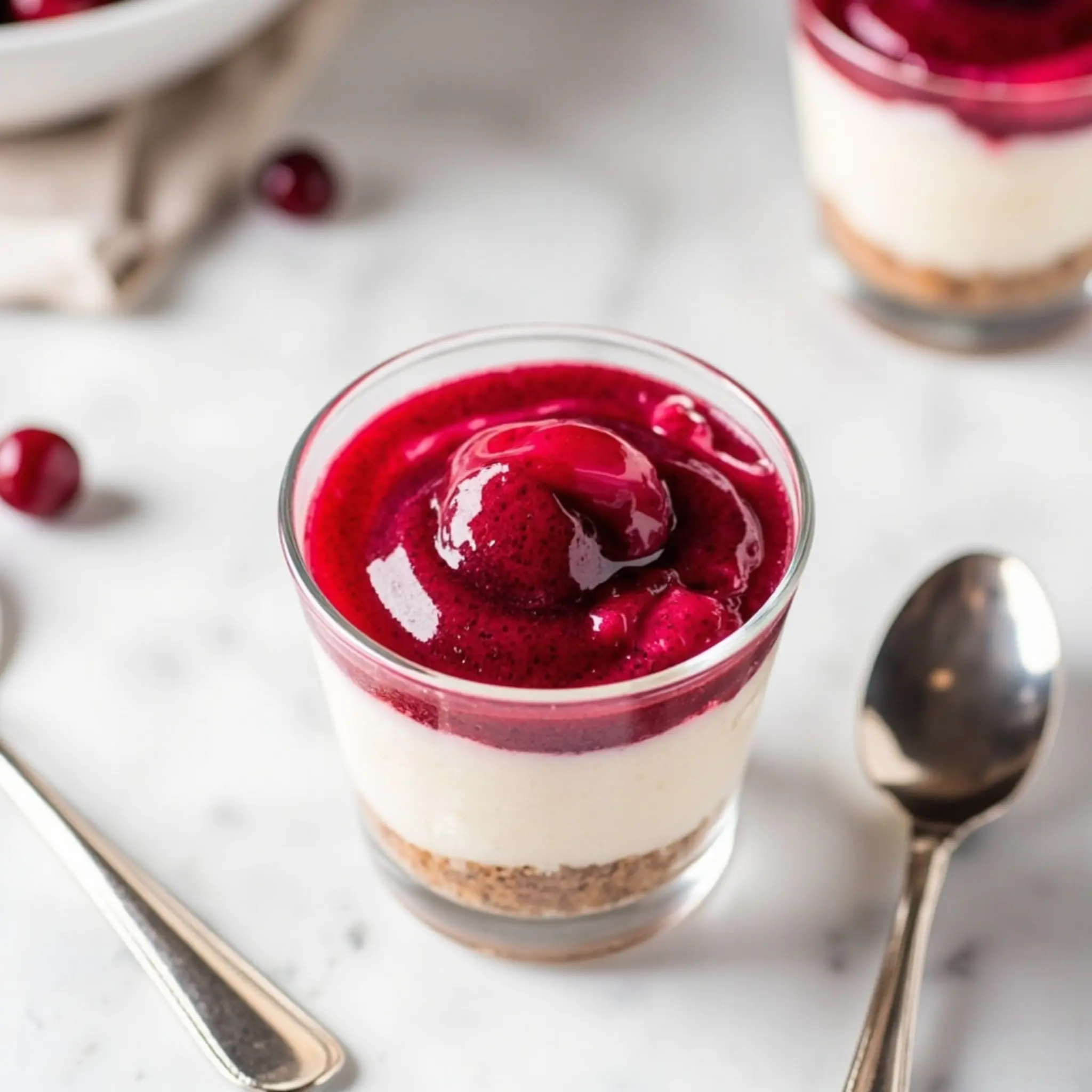 White cheesecake against shooter on a up of p swirl the sauce glass close beautiful cranberry focusing filling image red 8