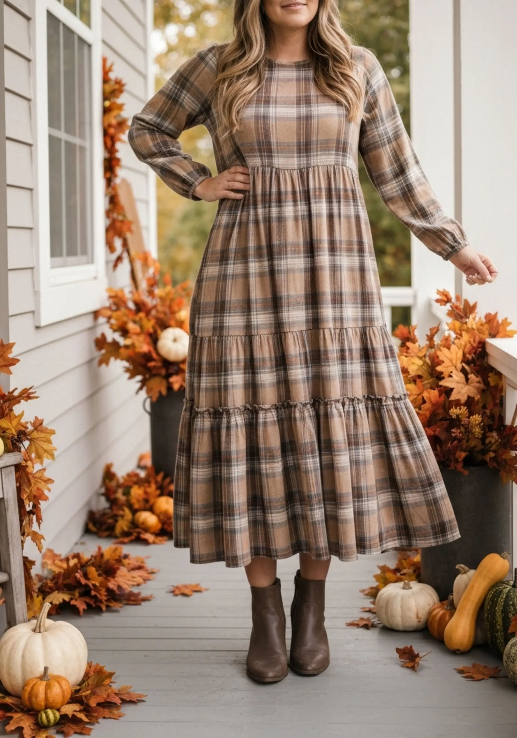 Stylish woman boots with looking dress comfortable midi muted a p ankle tiered in image effortlessly pattern plaid 8