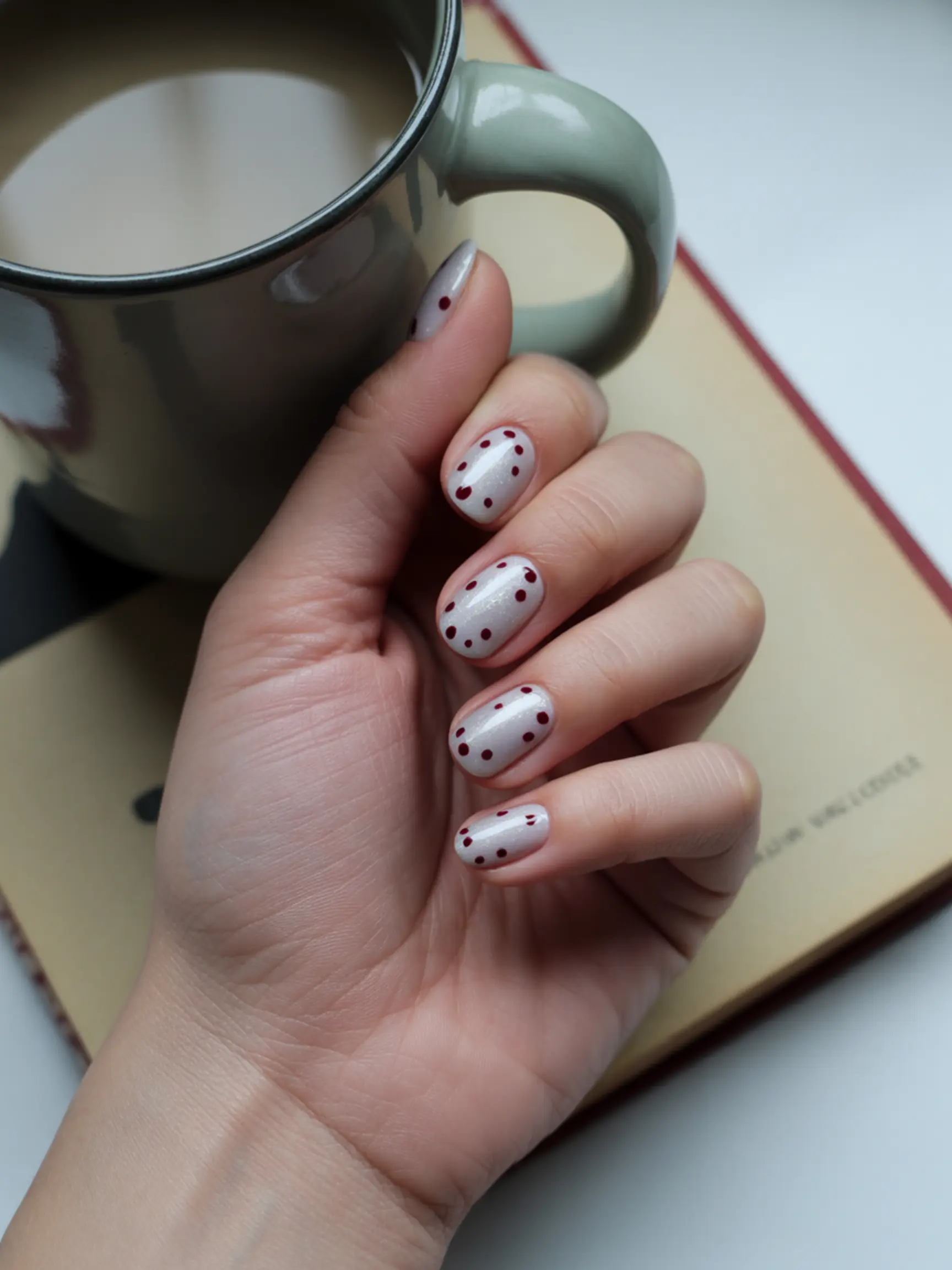 Polish white across dots speckled base burgundy creating with minimalist look a of p shimmery the manicure and deep randomly are nail image tiny sophisticated placed 8