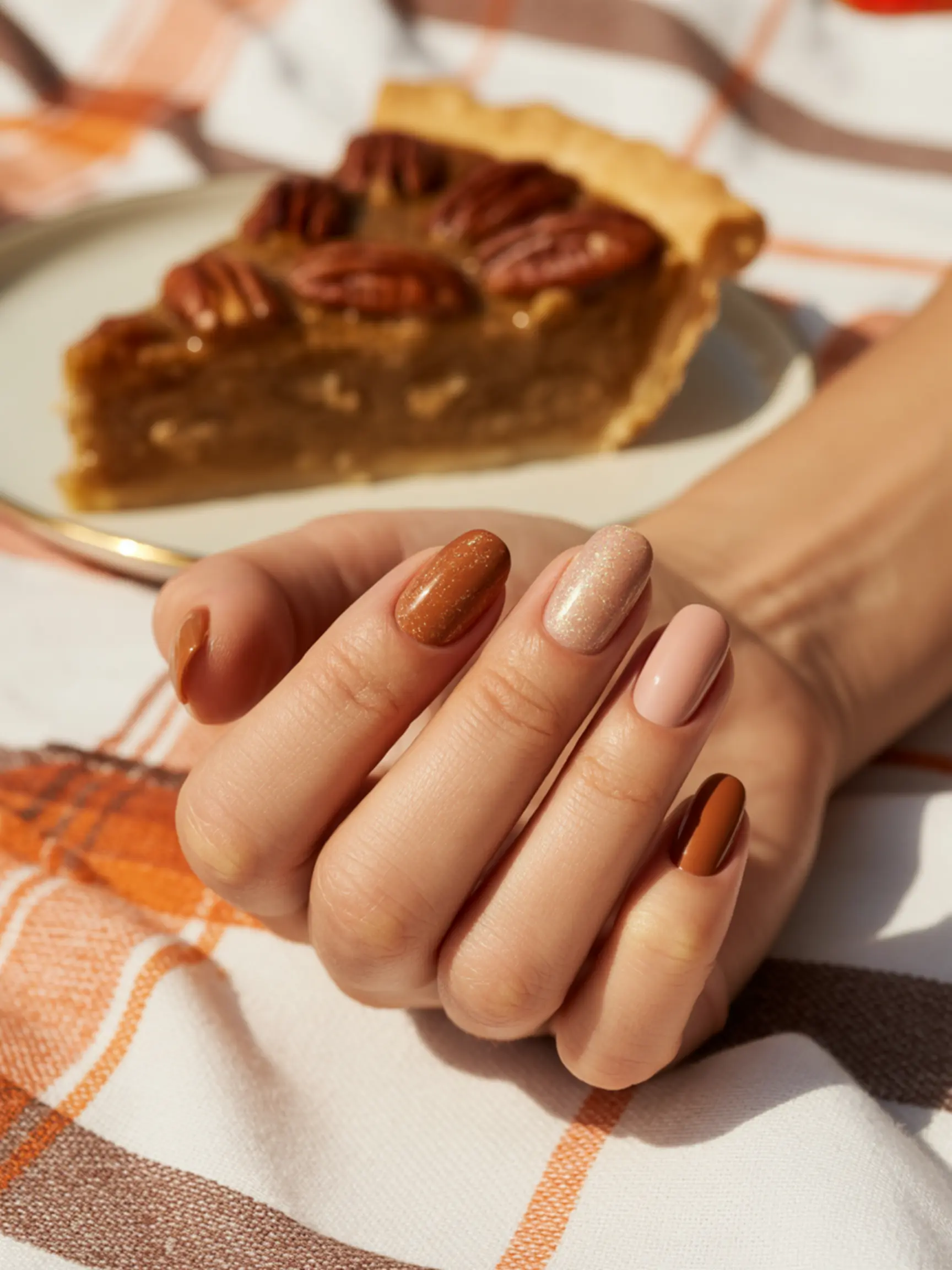 Brown with colors a nude of blurred background p featuring shimmery slice the and pie in image light mix nails pecan 8